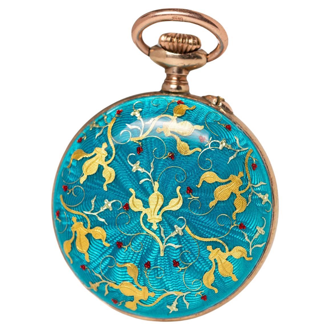 Antique Swiss Silver and Turquoise Guilloche Enamel Fauvette HAD Pocket Watch 