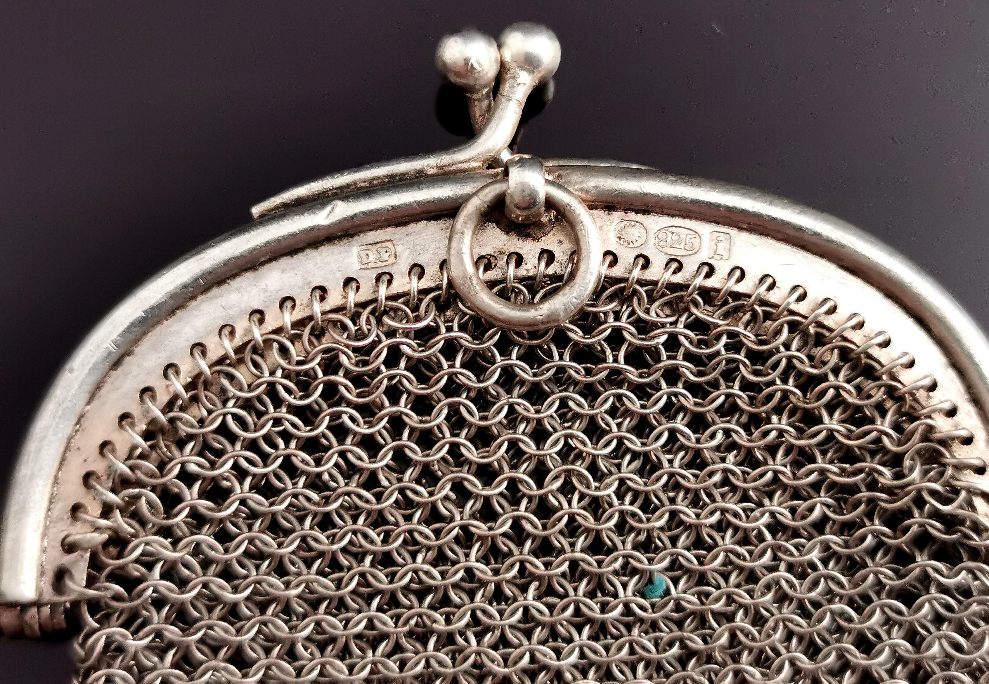 Black Antique Swiss silver chatelaine purse, coin purse  For Sale