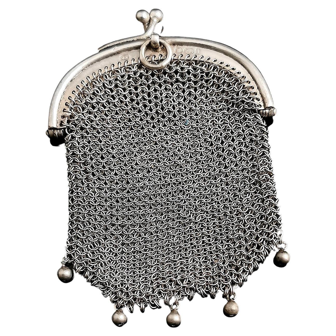 Antique Swiss silver chatelaine purse, coin purse 