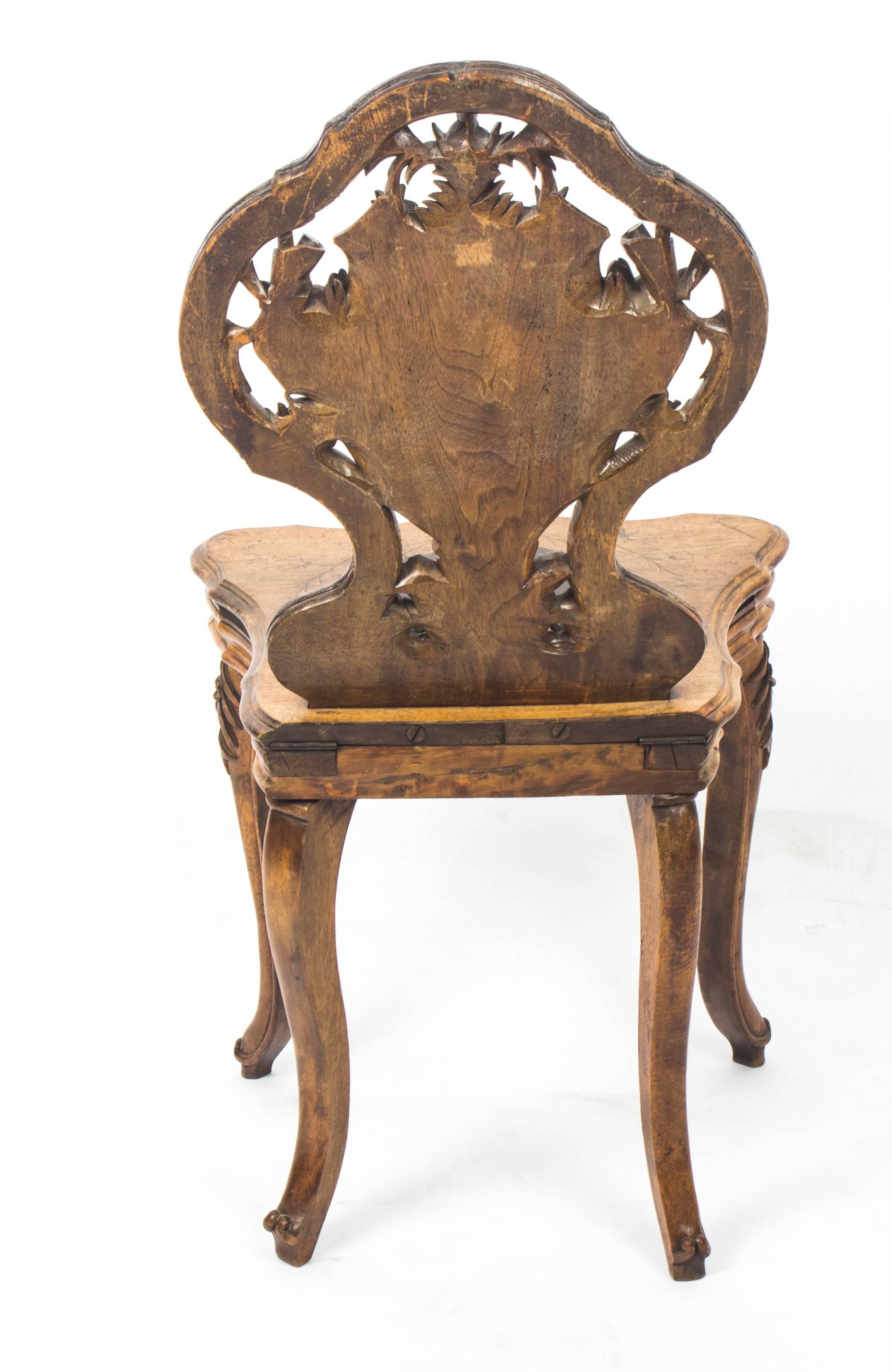 Antique Swiss Walnut Marquetry Inlaid Musical Chair, 19th Century 1