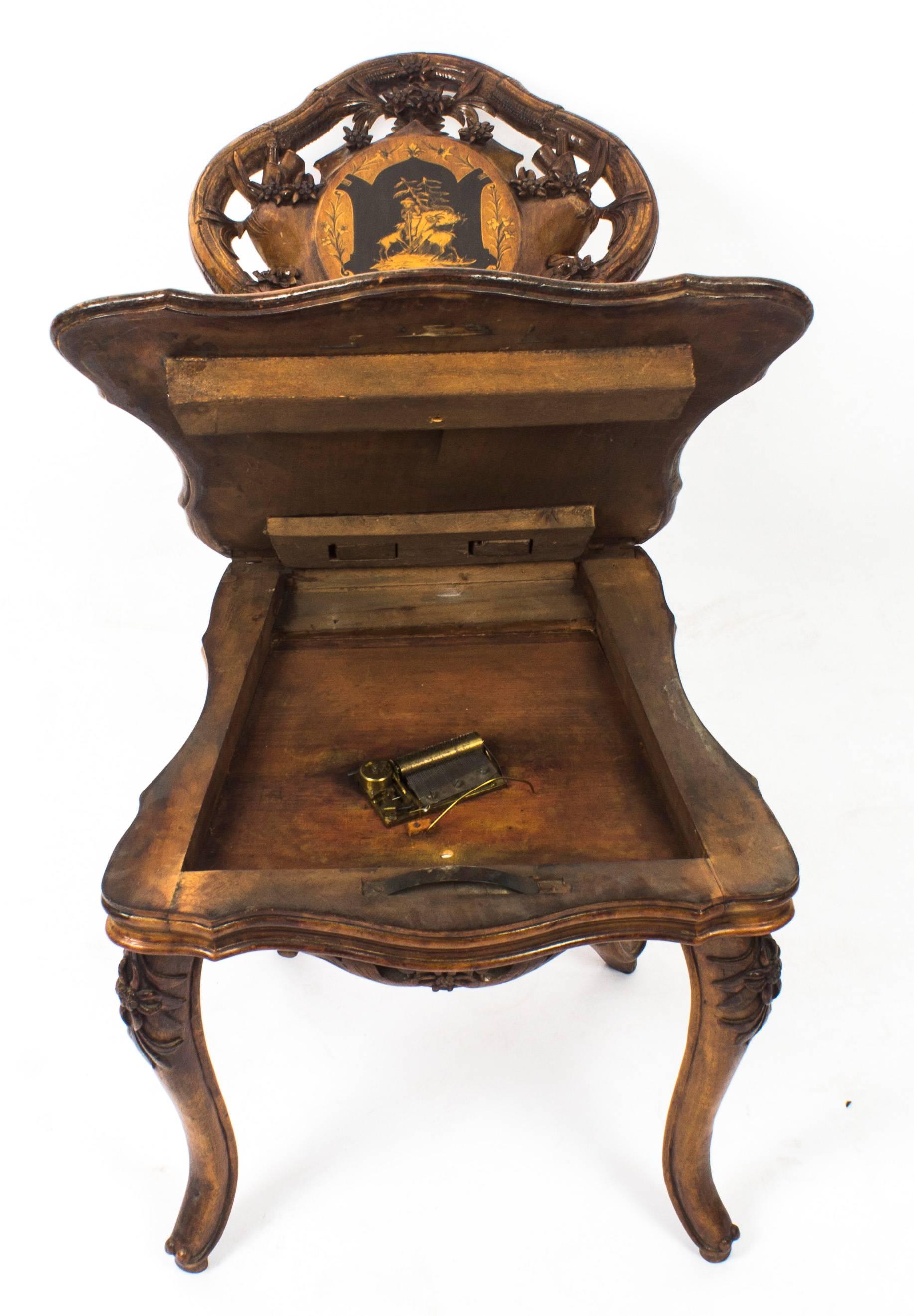 Antique Swiss Walnut Marquetry Inlaid Musical Chair, 19th Century 3