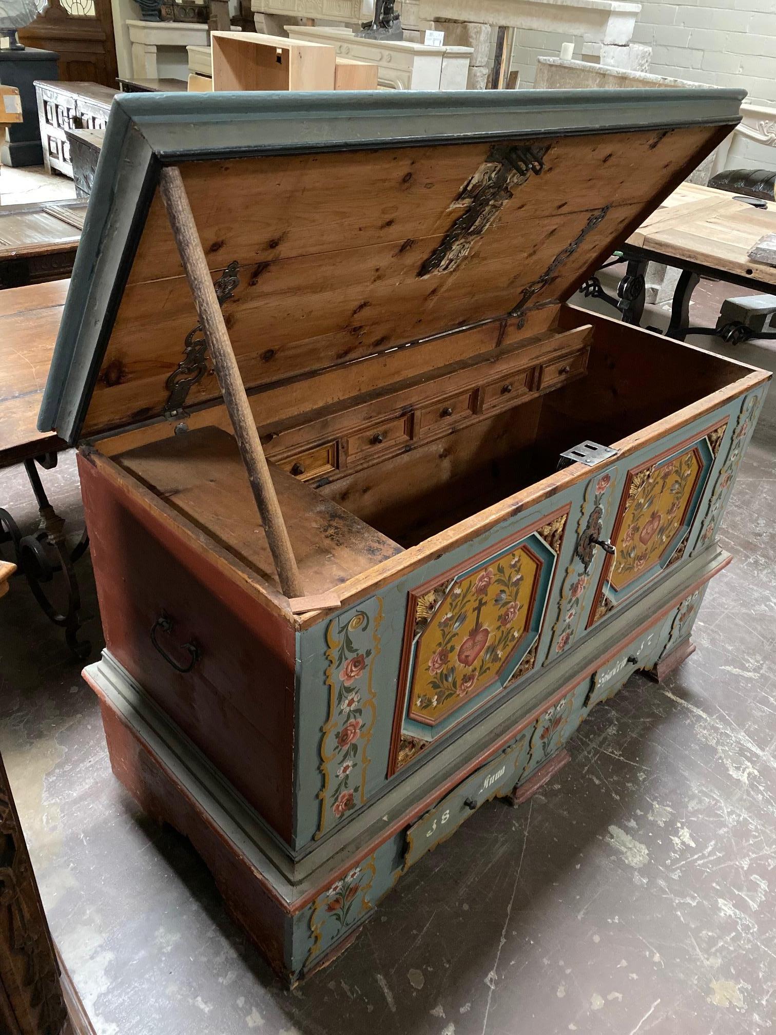 Painted Antique Swiss Wedding Chest For Sale