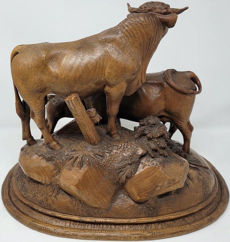 Antique Swiss WoodCarving, Family of Cows, Circa 18801900 For Sale at