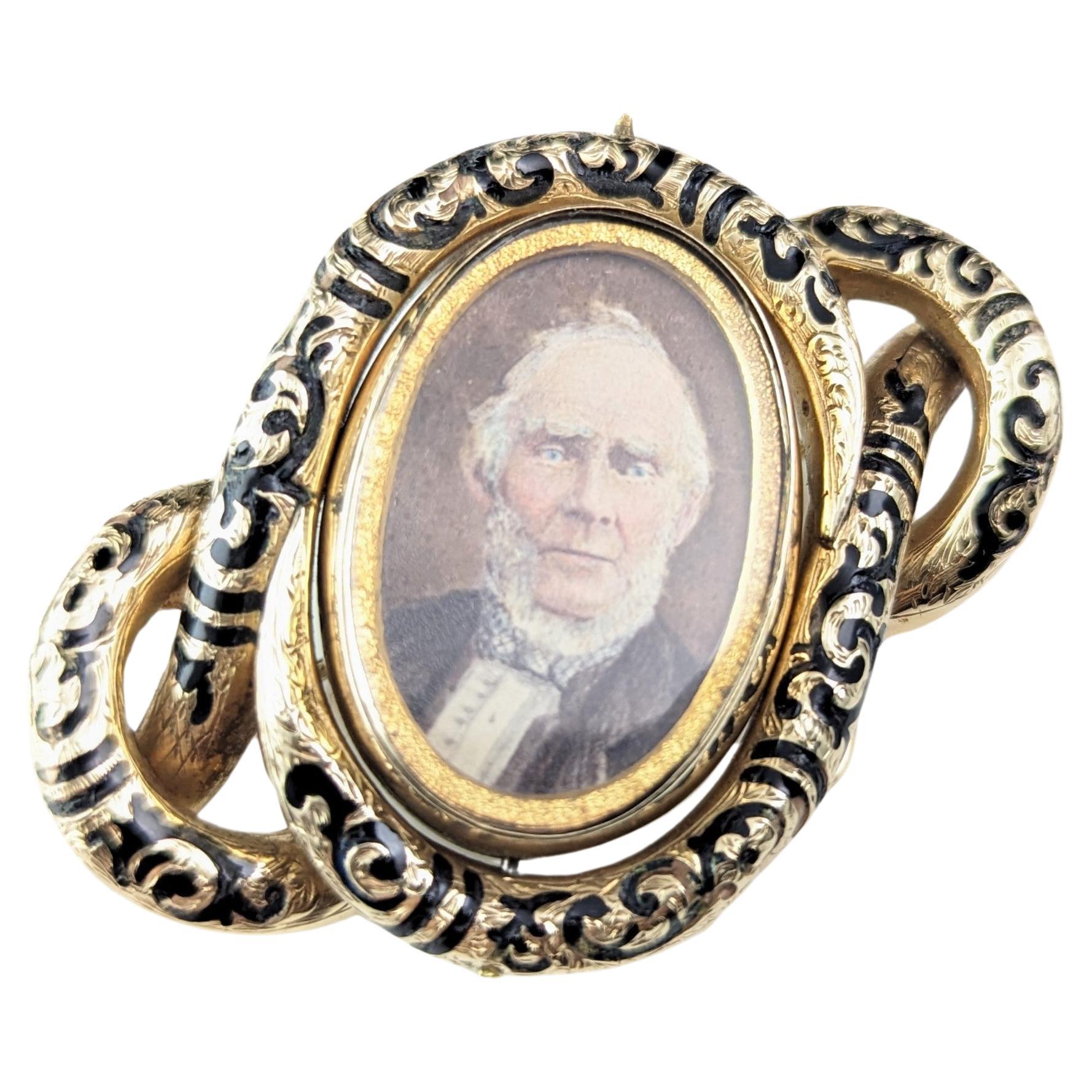 Antique Swivel Mourning Brooch pendant, 15k gold and black enamel  For Sale