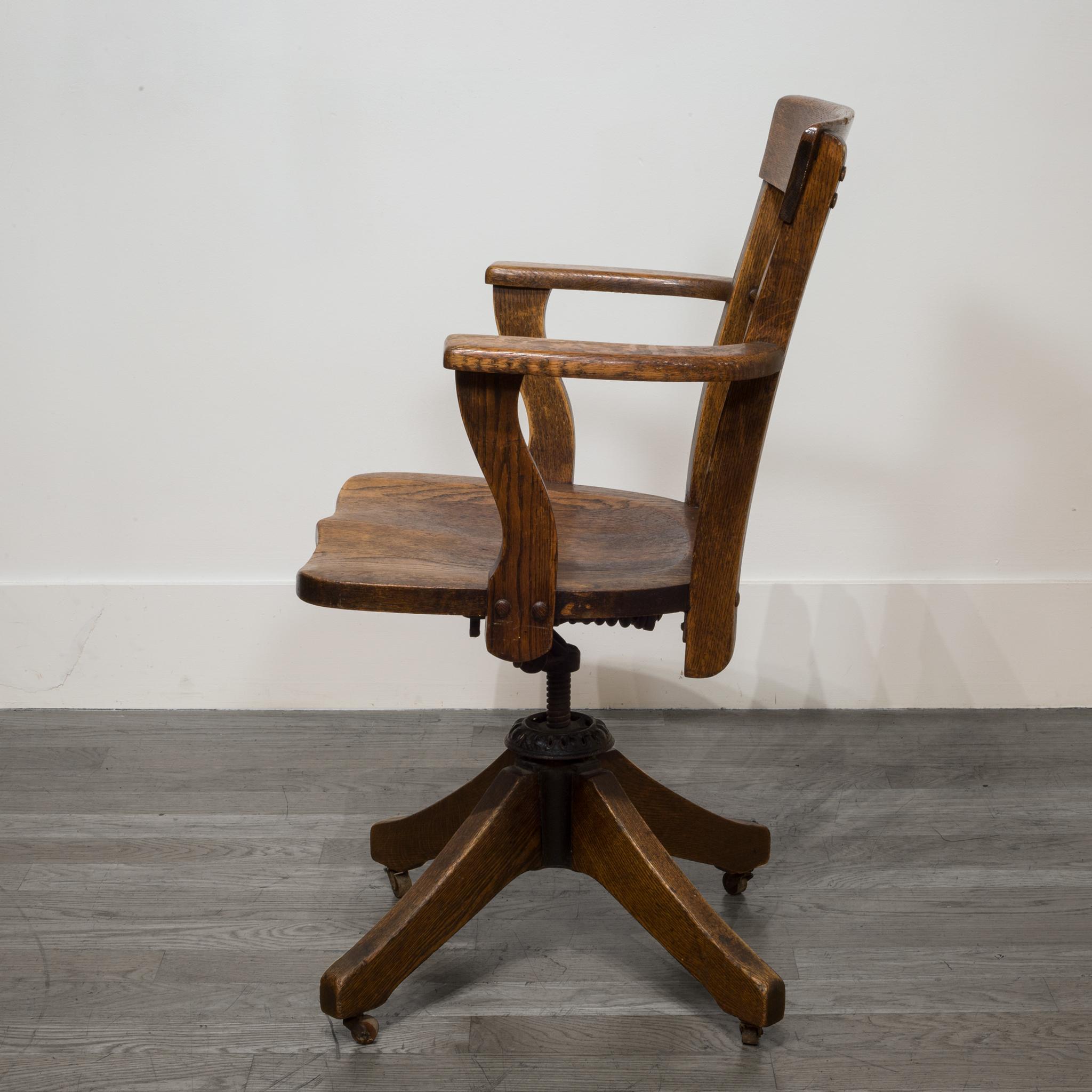 About

This is an original solid Oak desk chair with cast iron mechanism. This chair swivels, tilts back and the height is adjustable. This chair has retained its original finish and has minor structural damage.

Creator Unknown.
Date of