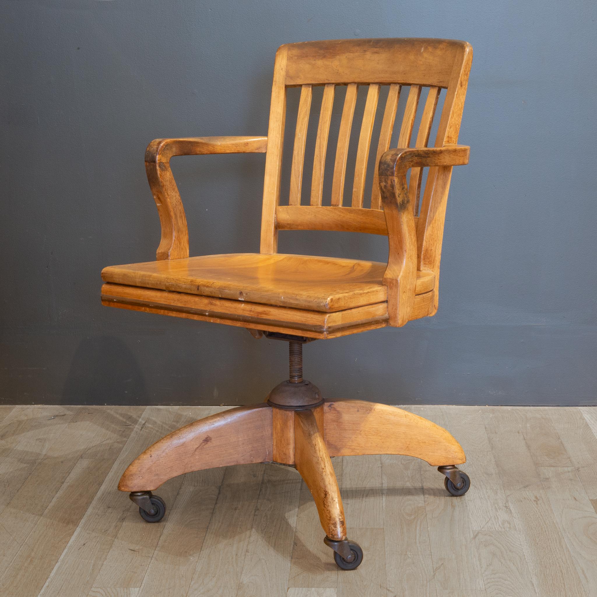 About

This is an original solid oak desk chair with cast iron mechanism and brass casters. This chair swivels, tilts back and the height is adjustable. This chair has retained its original finish and has minor structural damage.

Creator