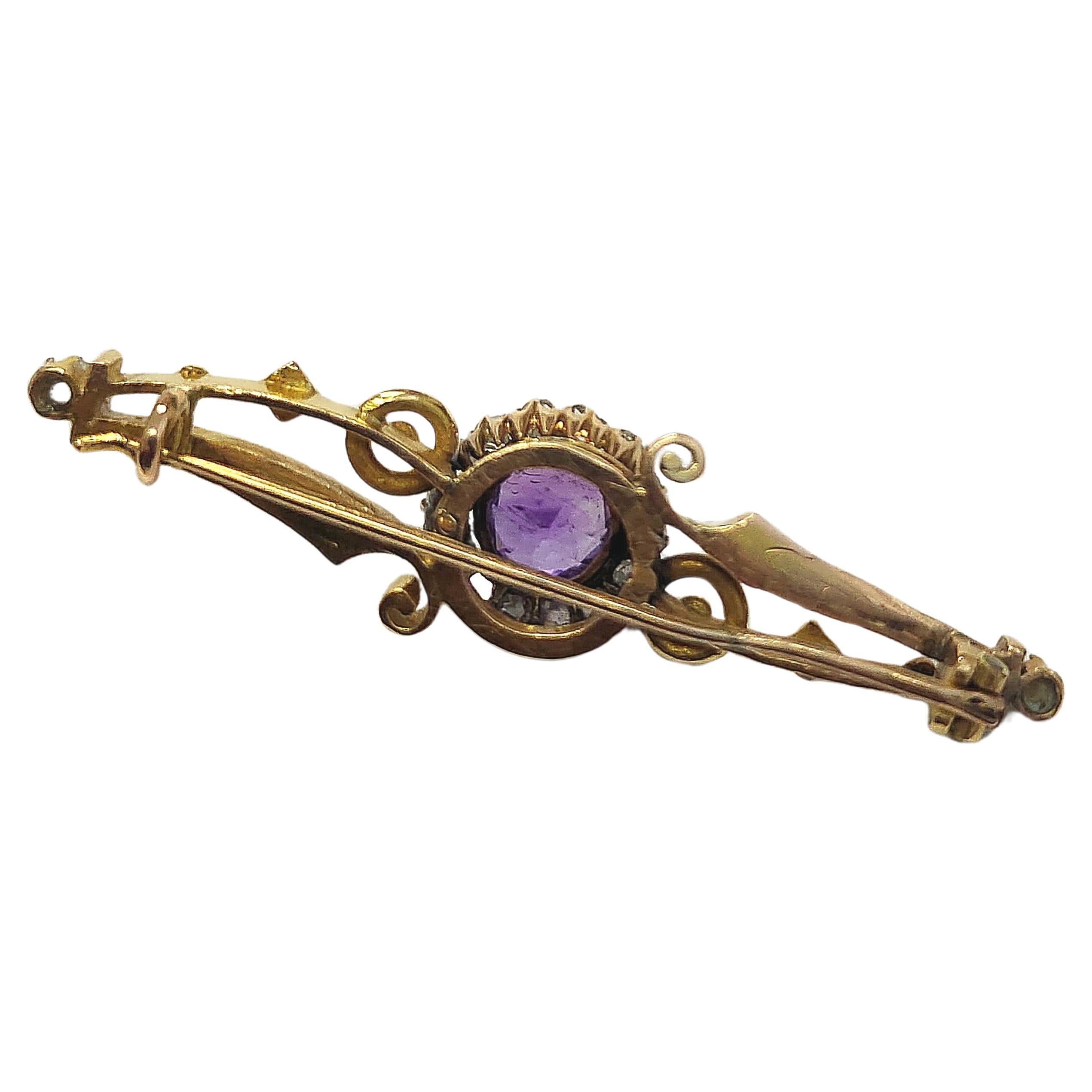 Antique Syberian Amethyst Russian Gold Brooch For Sale 1