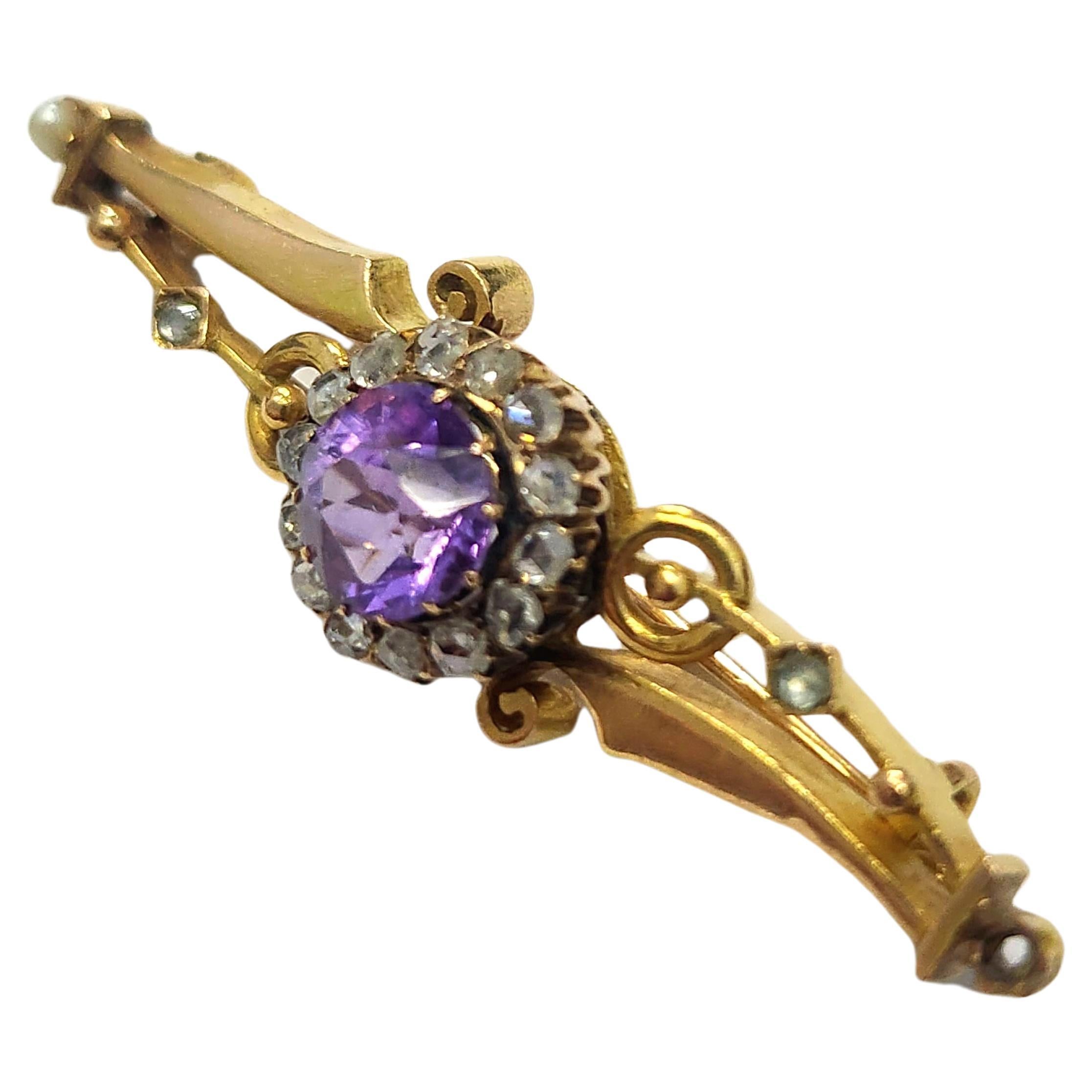 Antique Syberian Amethyst Russian Gold Brooch For Sale 2