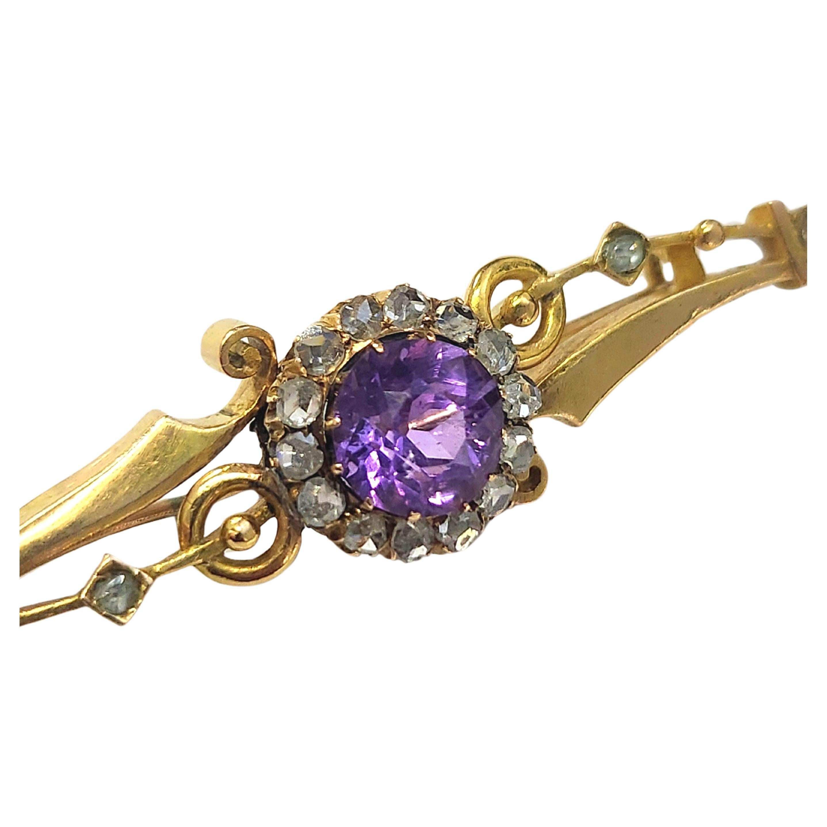 Antique russian 14k gold brooch centered with cybrian amethyst flanked with rose cut diamonds made during the imperial russian era 1900/1907s hall marked 56 imperial russian gold standard 