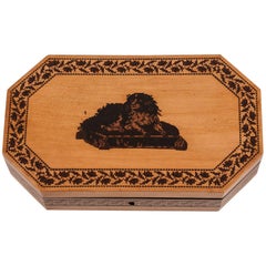 Antique Sycamore Tunbridge Ware Card Box with King Charles Spaniel, 19th Century