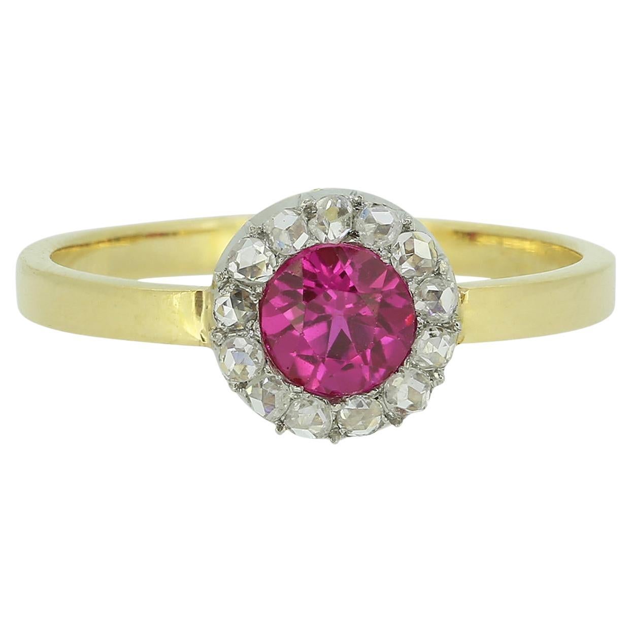 Antique Synthetic Ruby and Diamond Cluster Ring For Sale