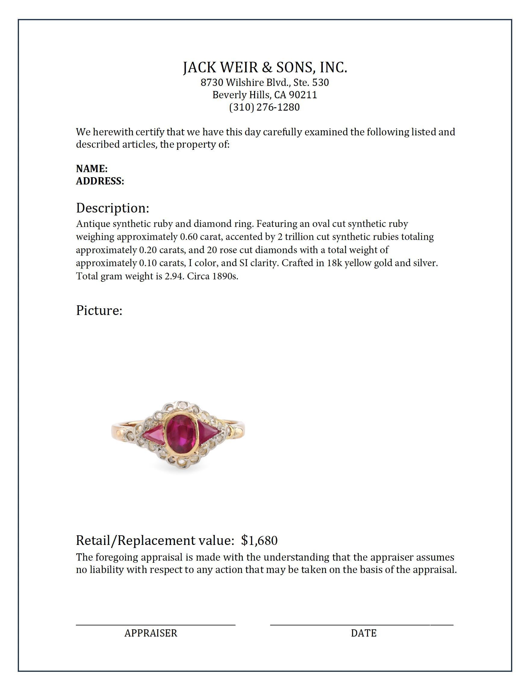 Antique synthetic ruby diamond 18k yellow gold ring In Excellent Condition In Beverly Hills, CA
