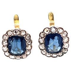 Antique Synthetic Sapphire Diamond 18 Karat Platinum Cluster Earrings