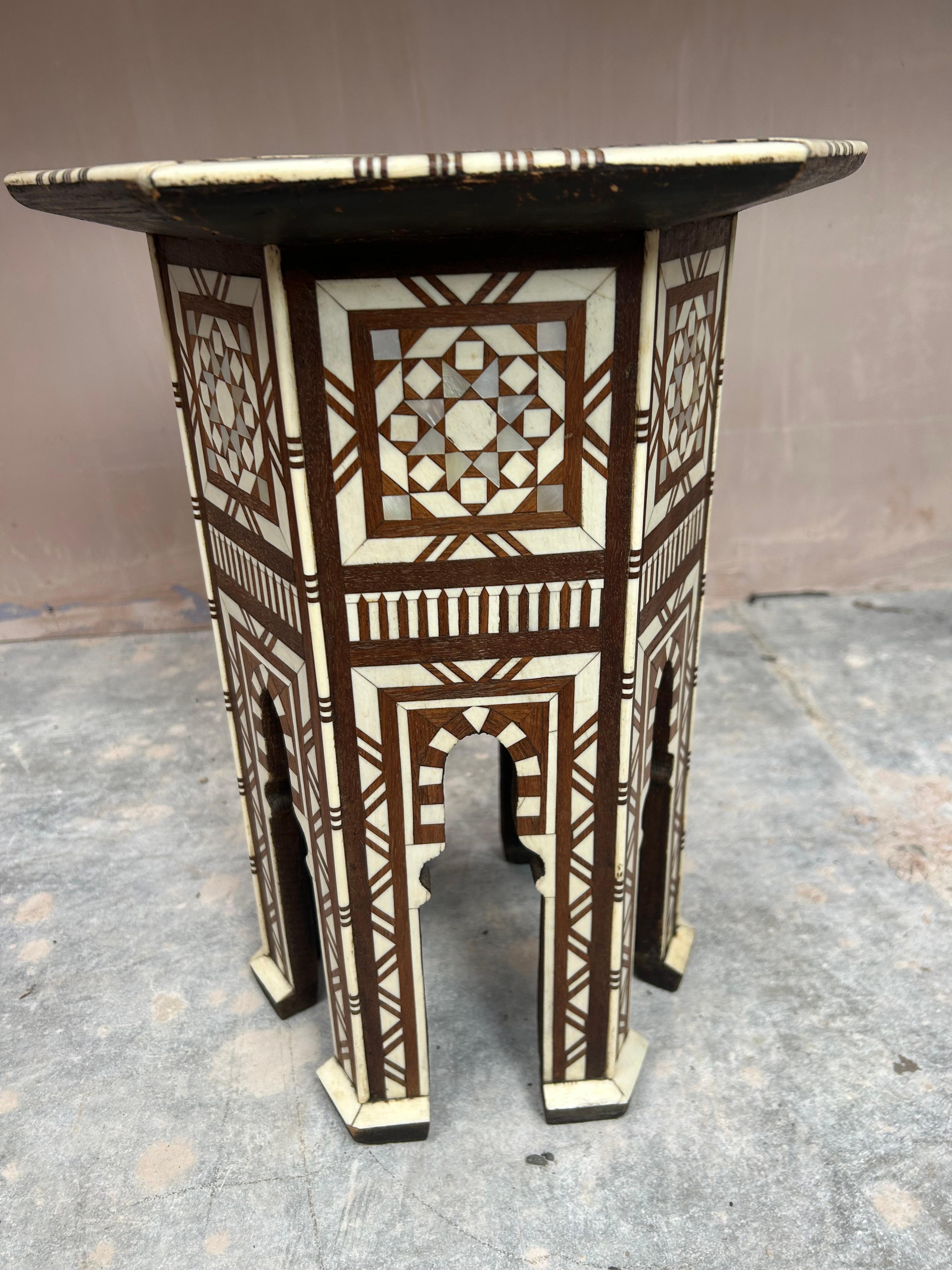 Hand-Carved Antique Syrian 19th Century Bone & Mother of Pearl inlayed Hexagonal Table