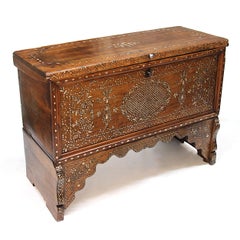 Antique Syrian 19th Century Mother of Pearl Inlay Wedding Dowry Trunk Chest