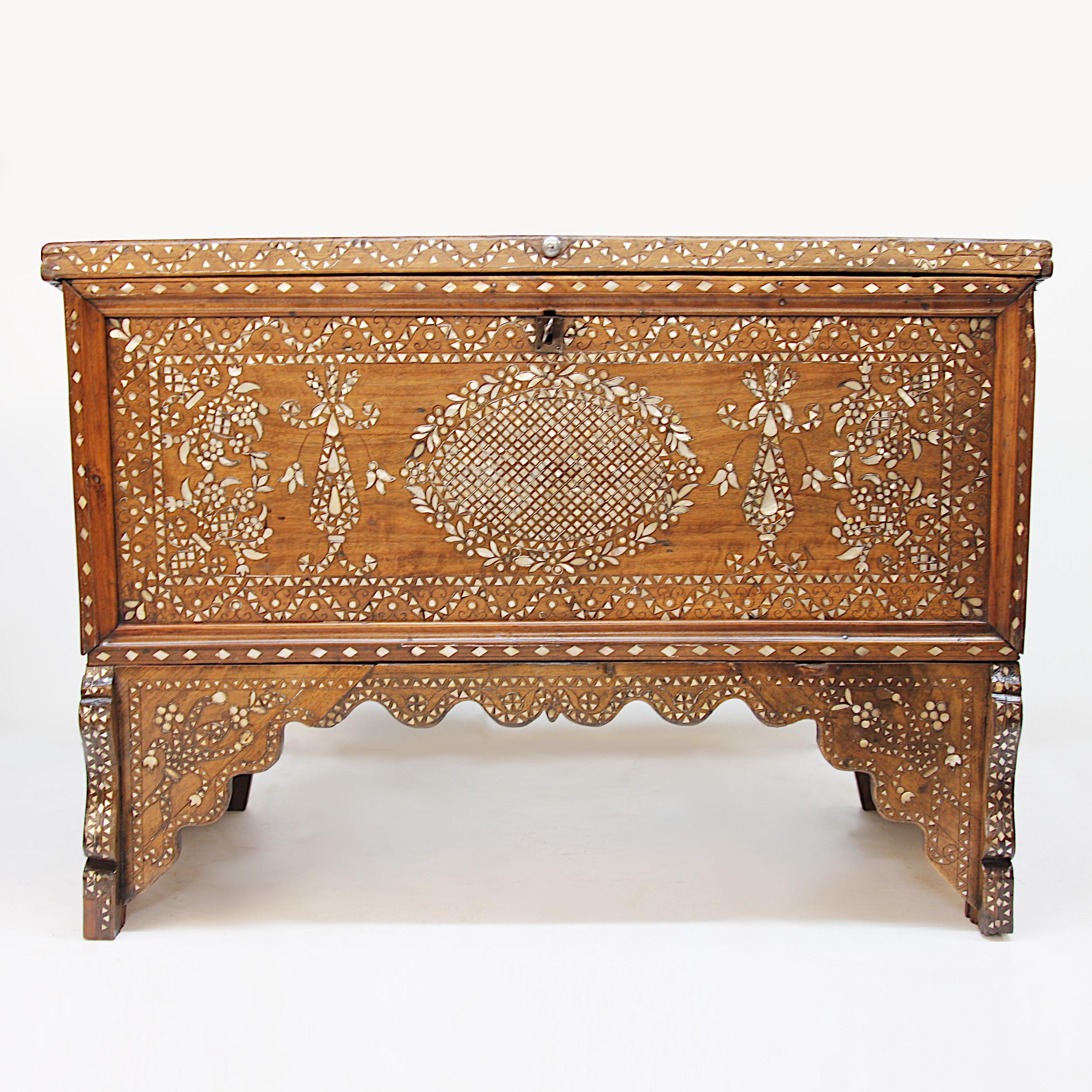 Mother-of-Pearl Antique Syrian 19th Century Mother of Pearl Inlay Wedding Dowry Trunk Chest