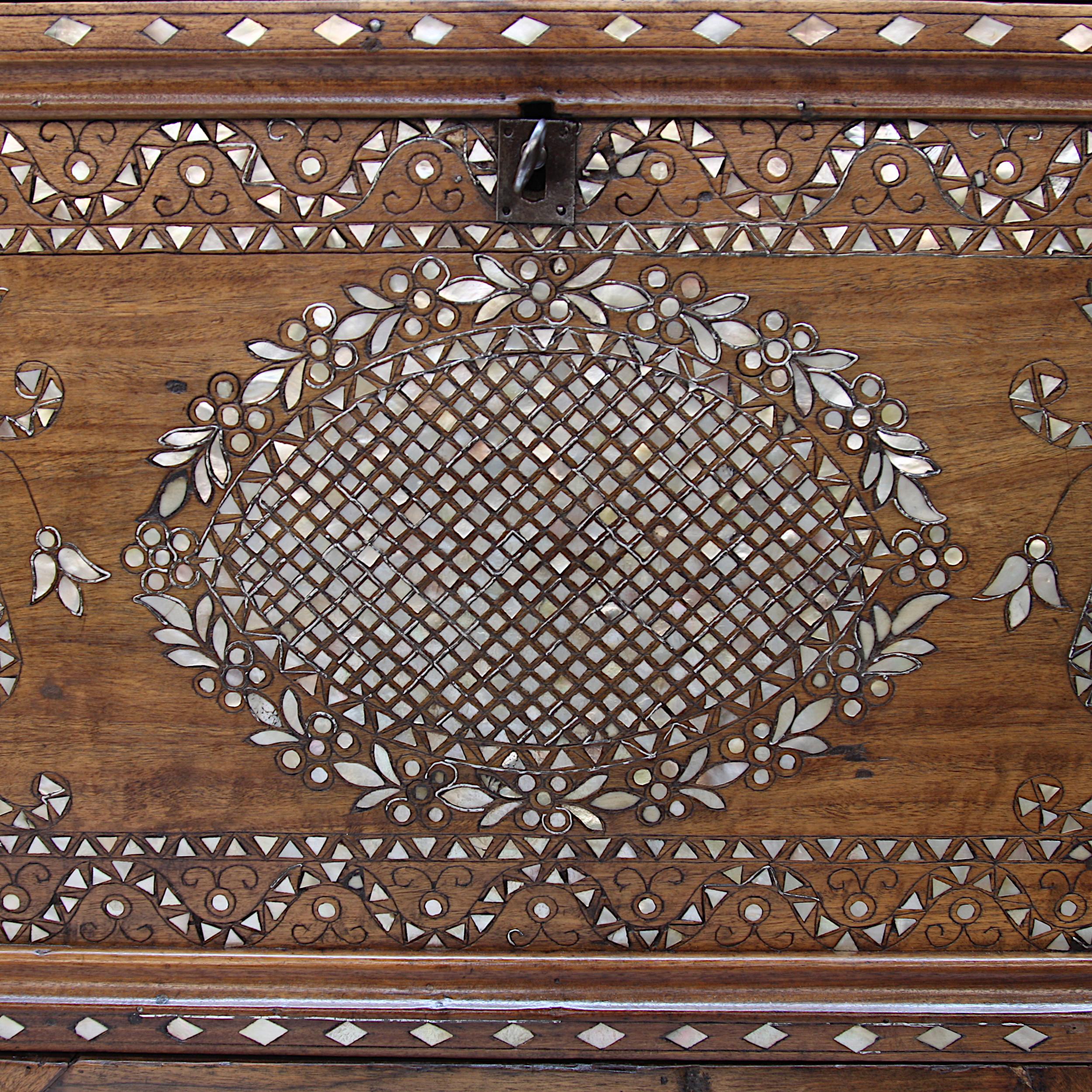 Antique Syrian 19th Century Mother of Pearl Inlay Wedding Dowry Trunk Chest 1