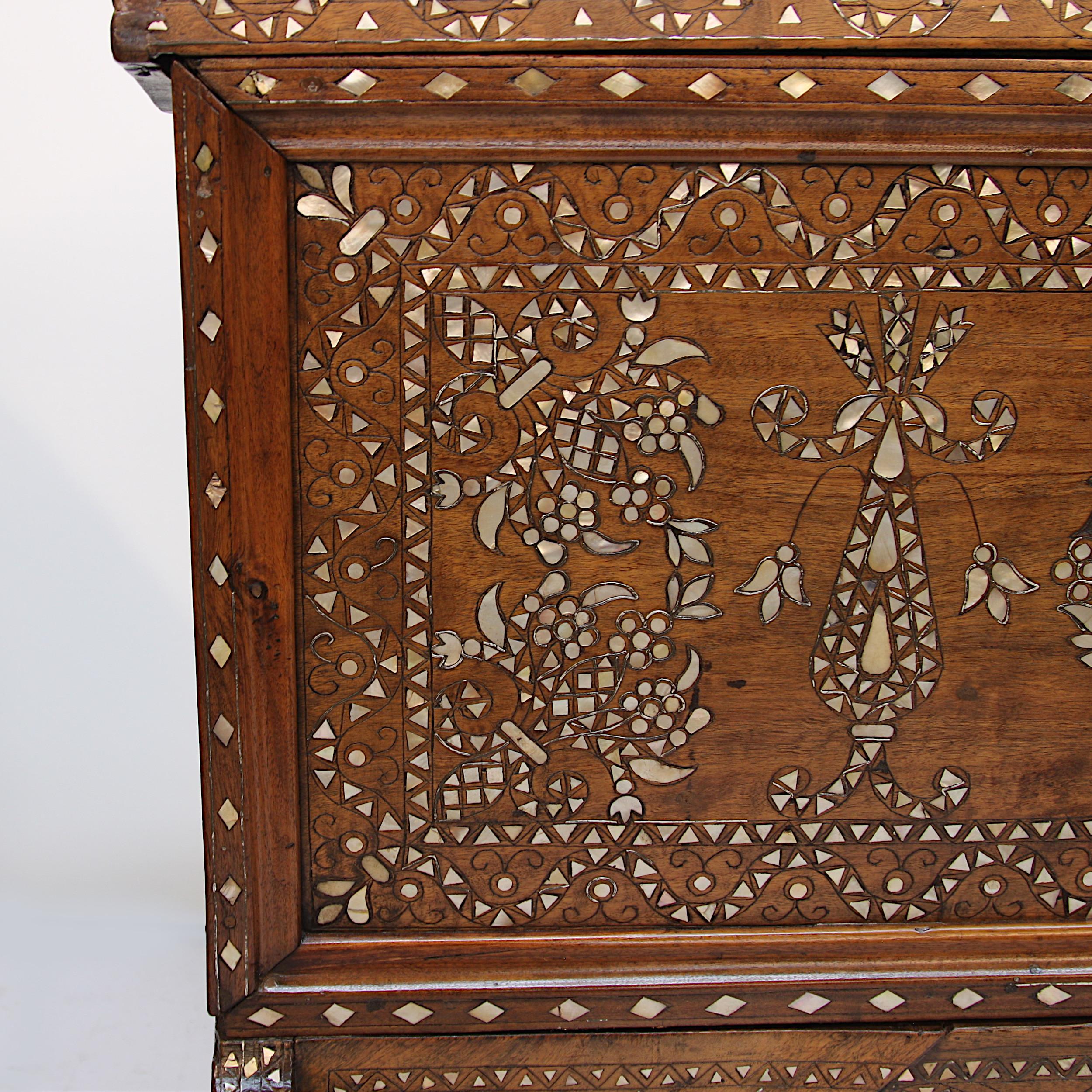 Antique Syrian 19th Century Mother of Pearl Inlay Wedding Dowry Trunk Chest 2