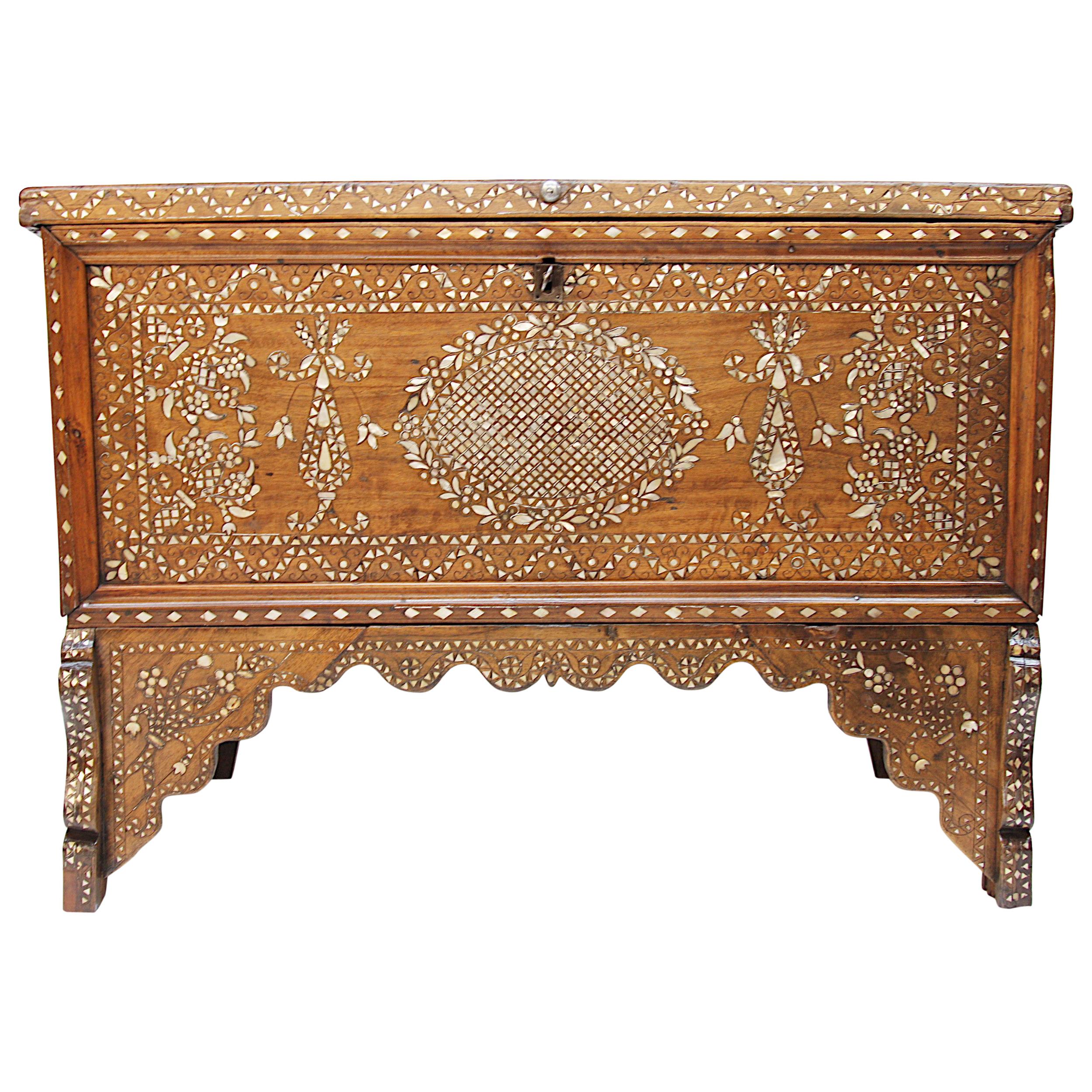 Antique Syrian 19th Century Mother of Pearl Inlay Wedding Dowry Trunk Chest For Sale at 1stDibs