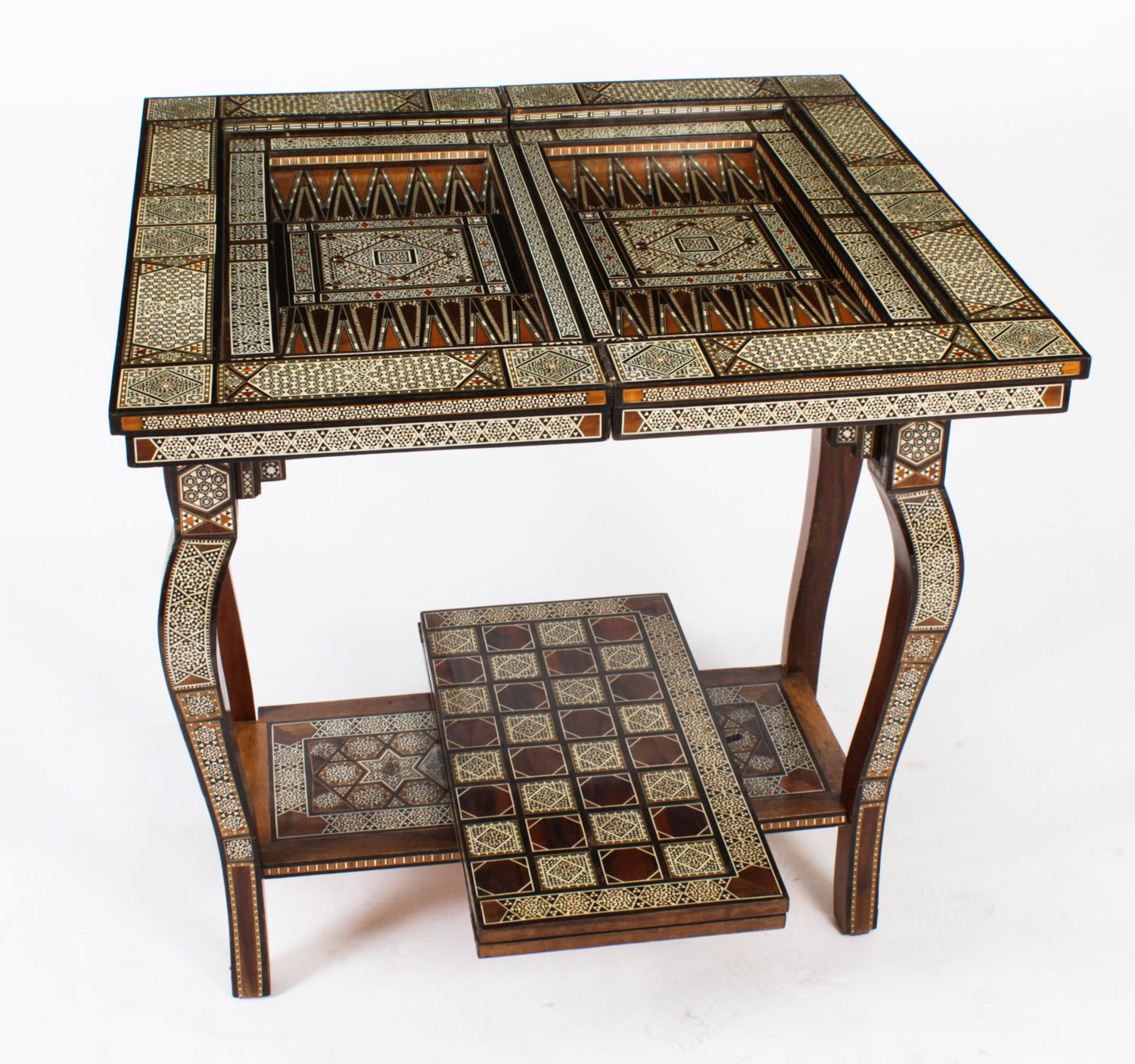 Antique Syrian Damascus Inlaid Card, Chess, Backgammon, Games Table, 1910s 10