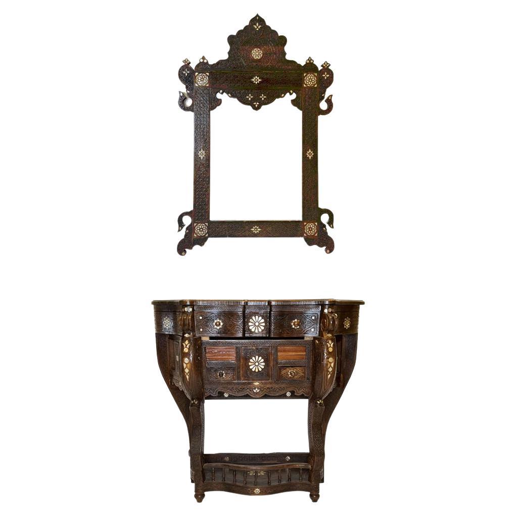 Antique Syrian Inlaid Console and Mirror Circa 1900 For Sale