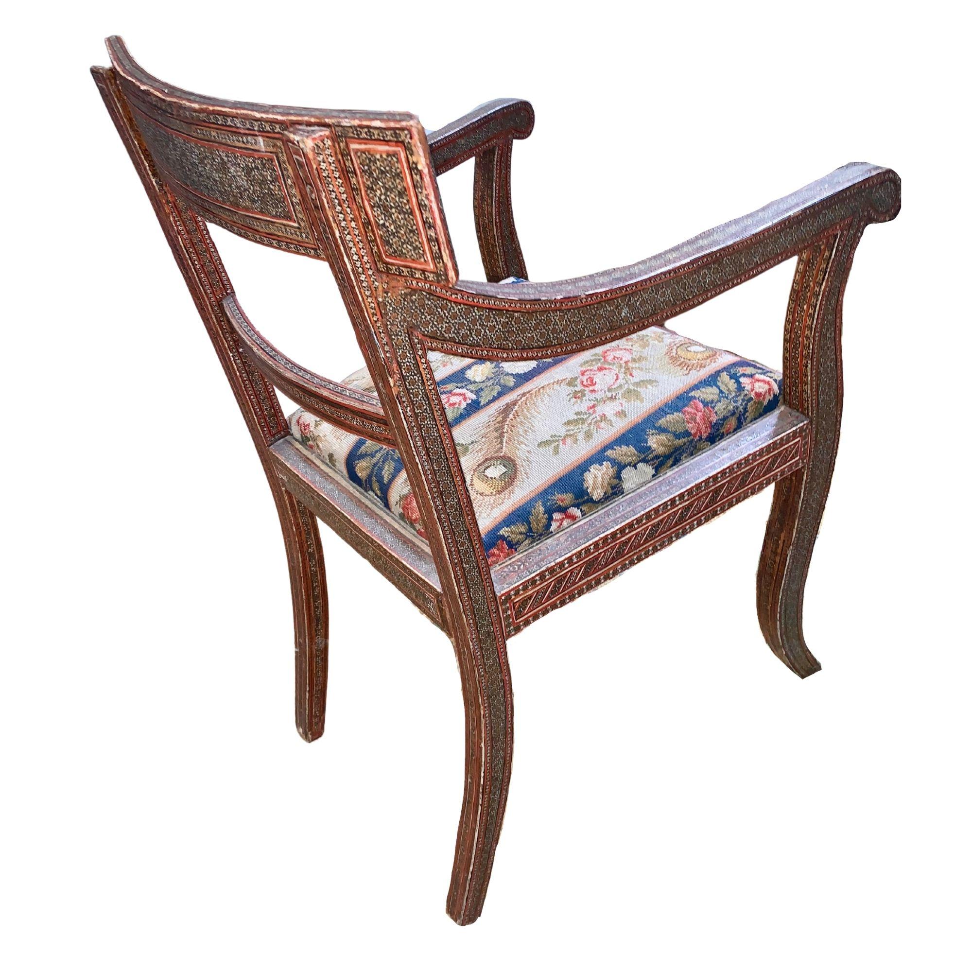 Antique Syrian Inlay Arm Chair w/ Old Needlepoint In Good Condition For Sale In Dallas, TX