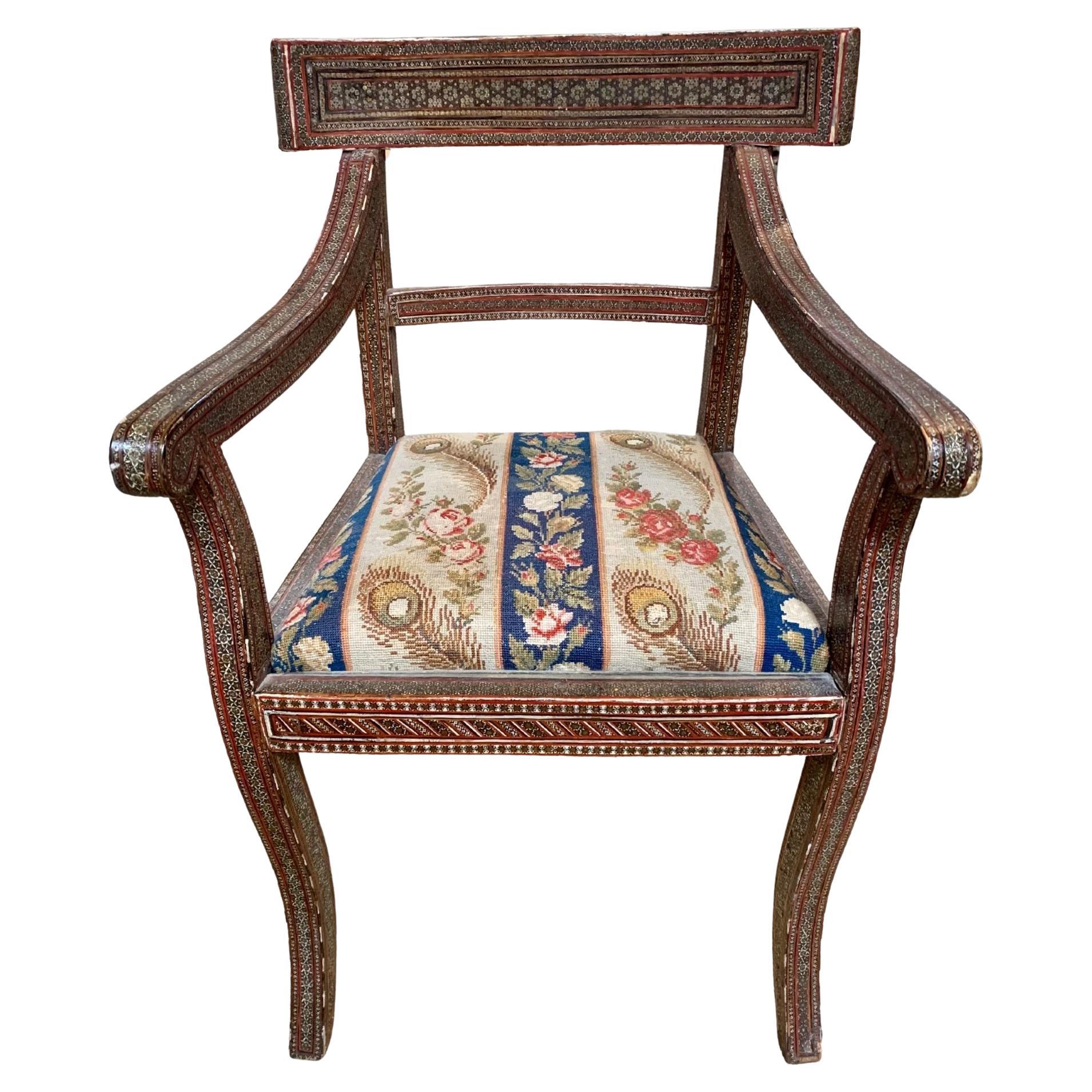 Antique Syrian Inlay Arm Chair w/ Old Needlepoint For Sale