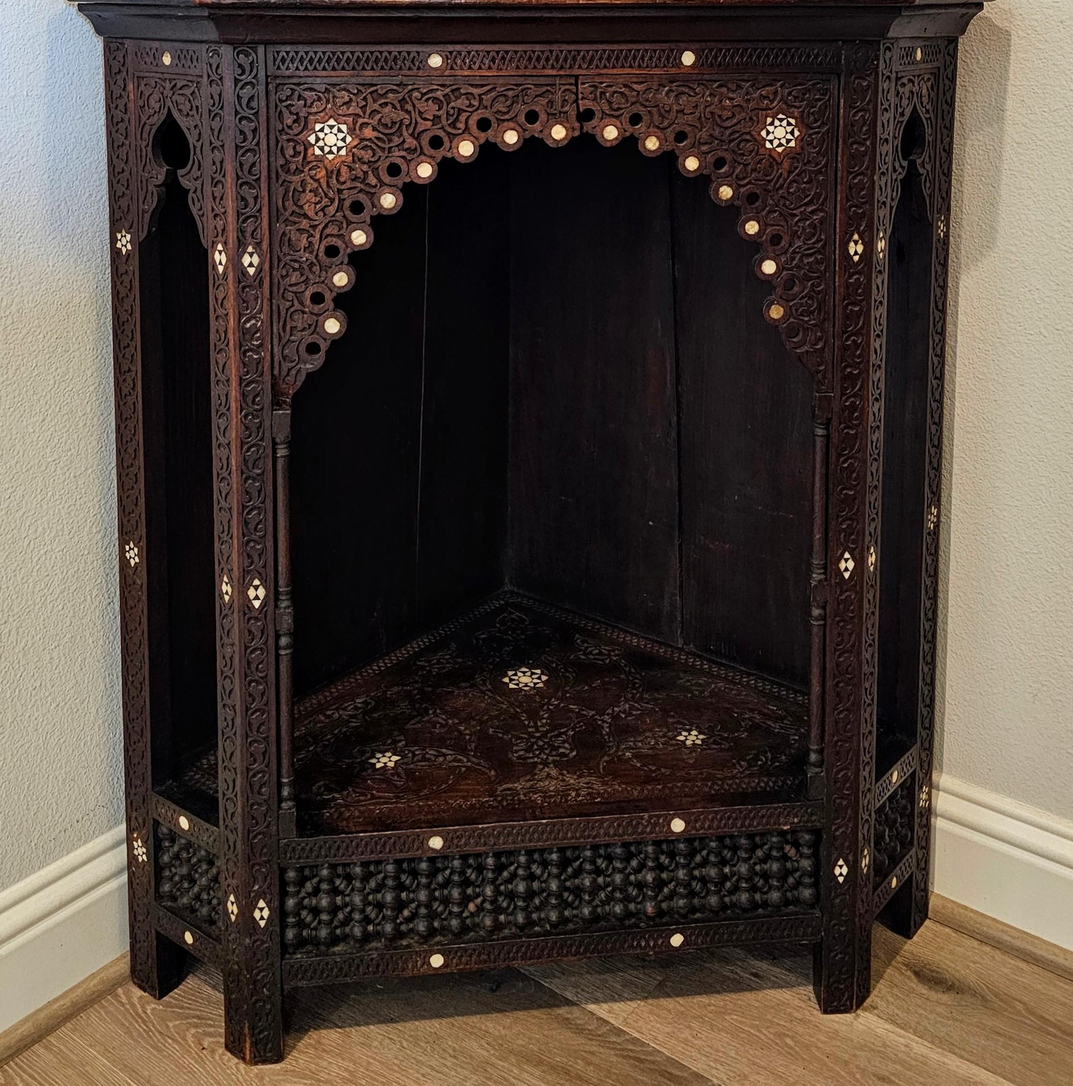 Antique Syrian Middle Eastern Mother of Pearl Wood Corner Cabinet Display Stand For Sale 9