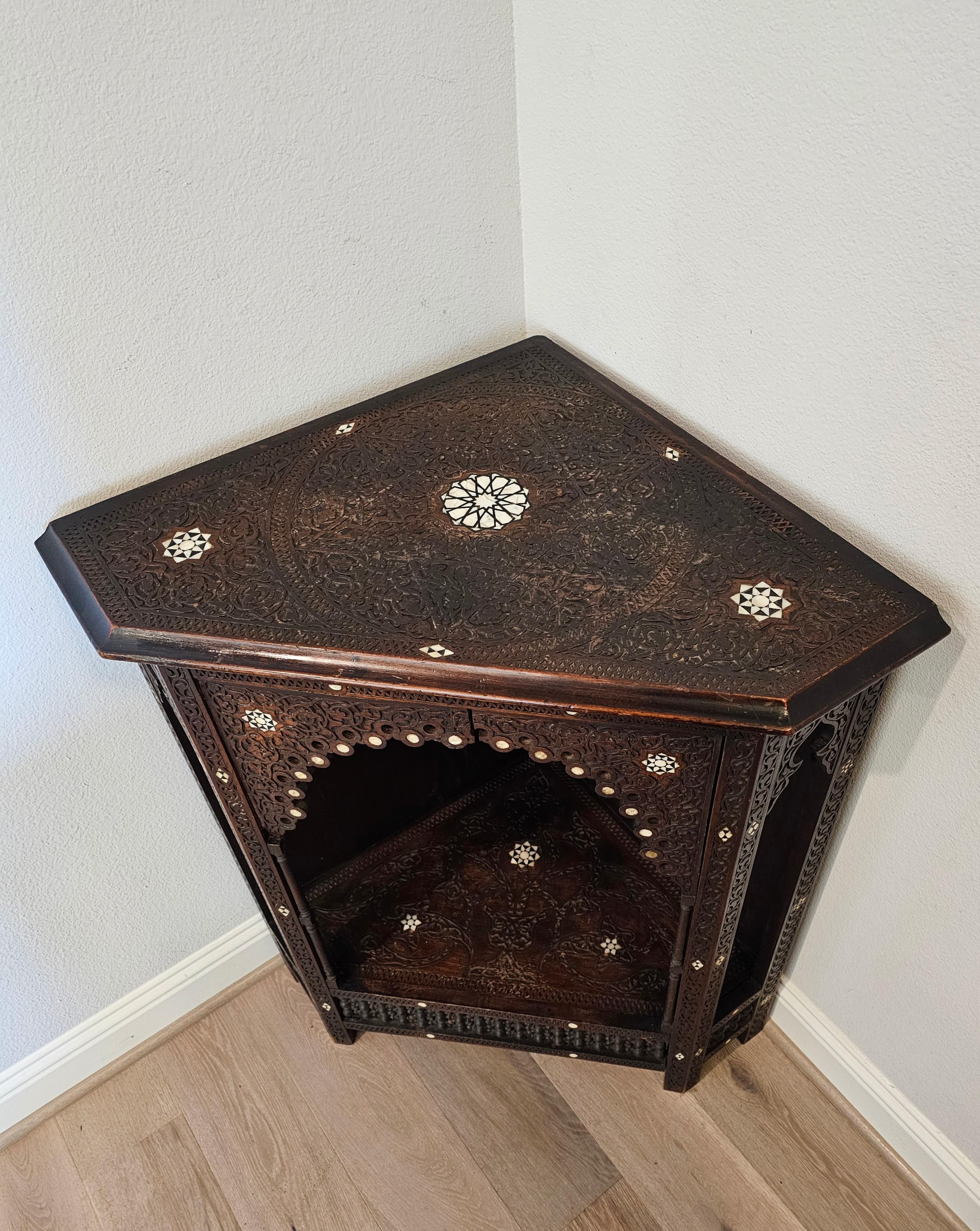 Antique Syrian Middle Eastern Mother of Pearl Wood Corner Cabinet Display Stand For Sale 11