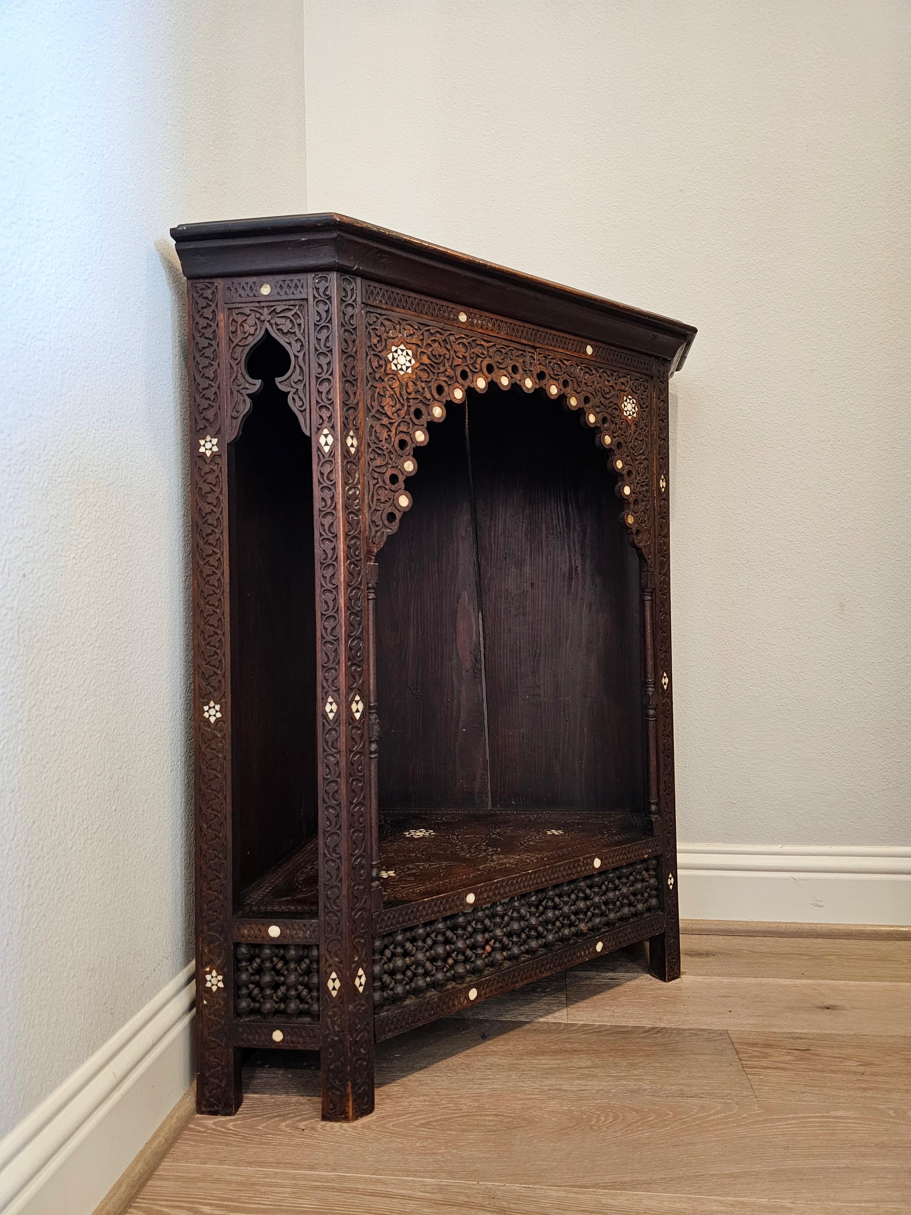 Moorish Antique Syrian Middle Eastern Mother of Pearl Wood Corner Cabinet Display Stand For Sale