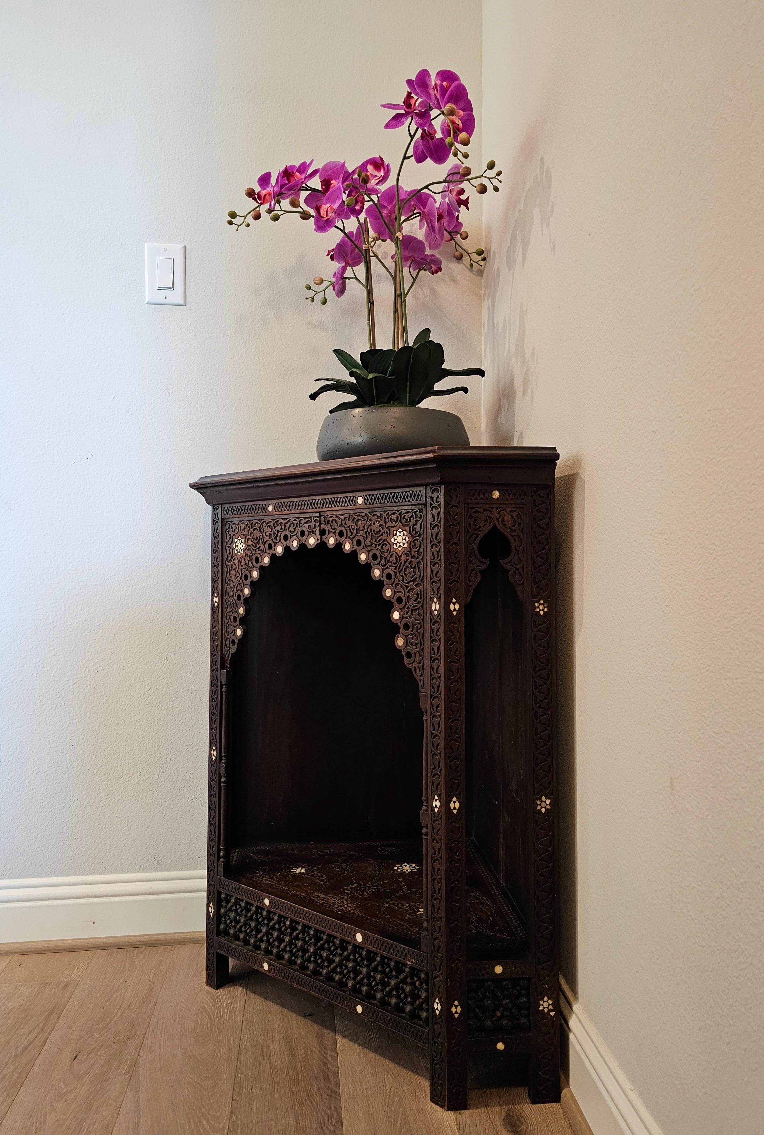 Carved Antique Syrian Middle Eastern Mother of Pearl Wood Corner Cabinet Display Stand For Sale