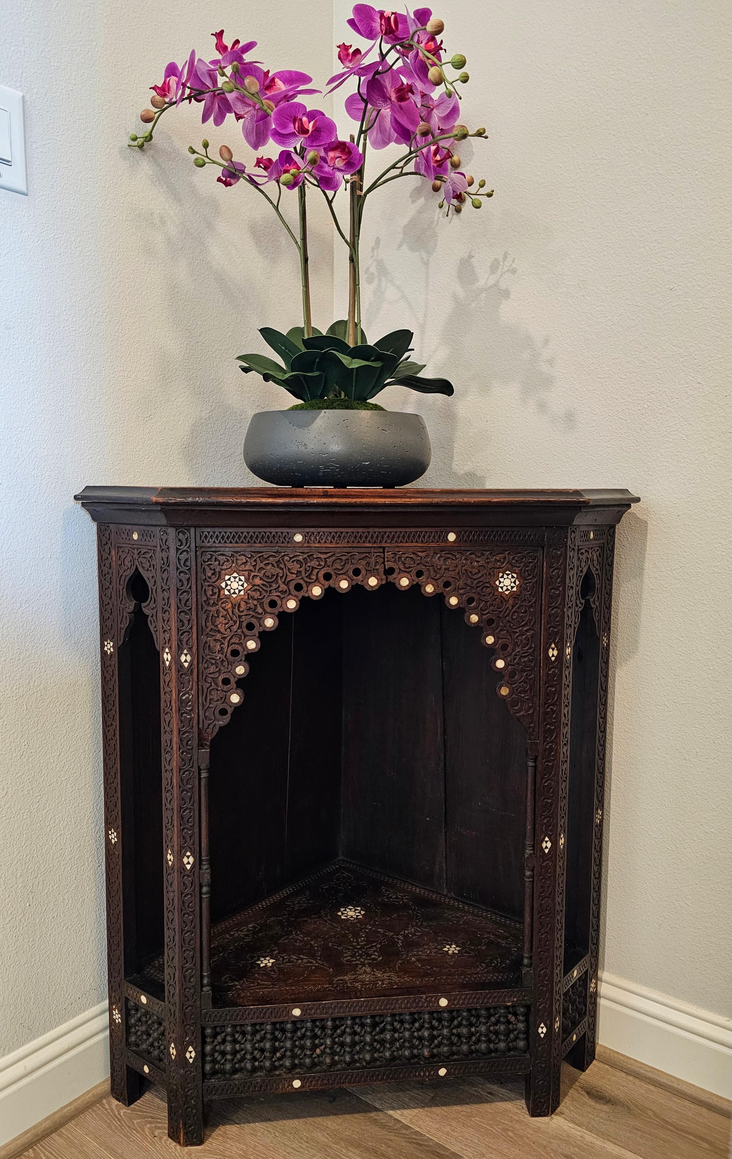 19th Century Antique Syrian Middle Eastern Mother of Pearl Wood Corner Cabinet Display Stand For Sale