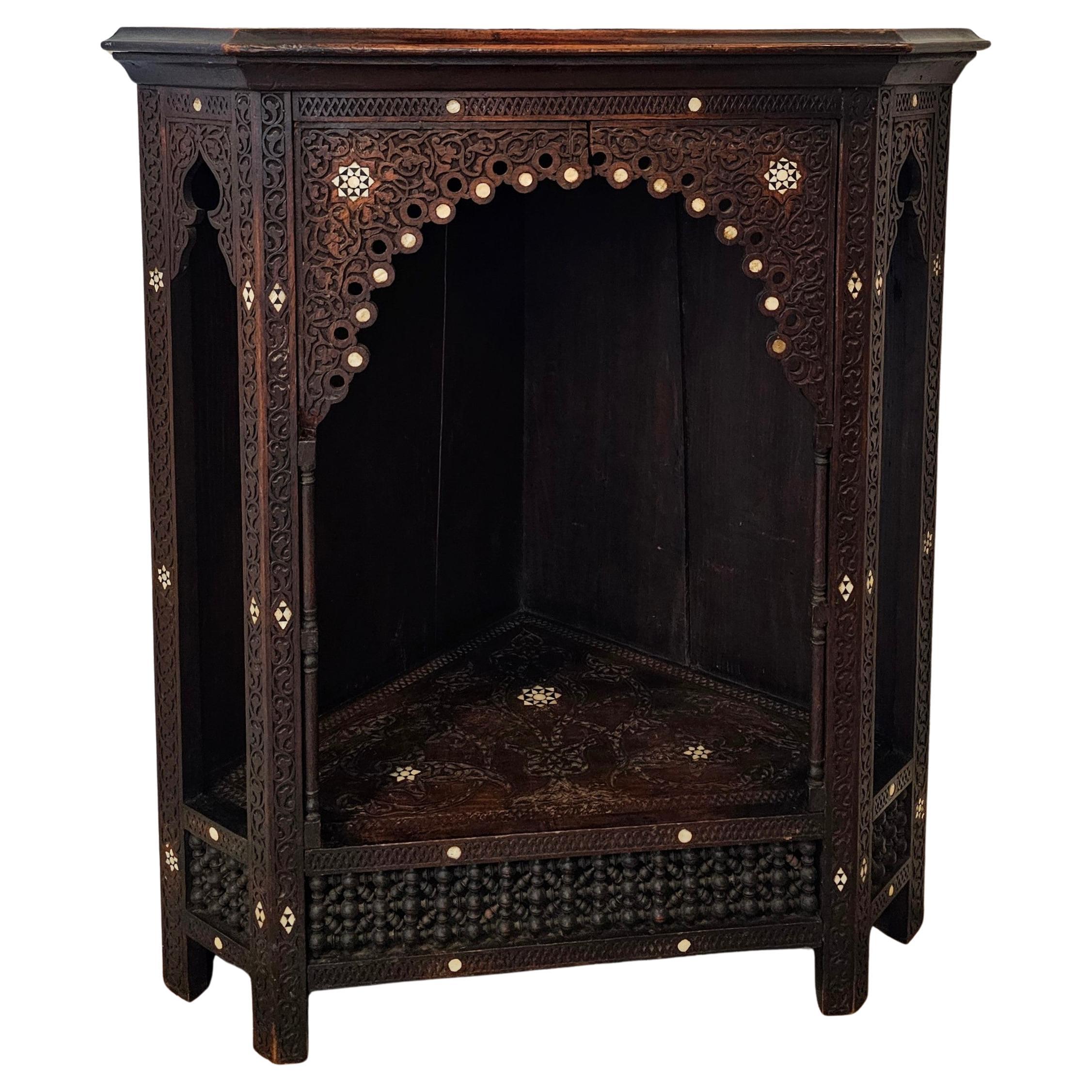 Antique Syrian Middle Eastern Mother of Pearl Wood Corner Cabinet Display Stand For Sale