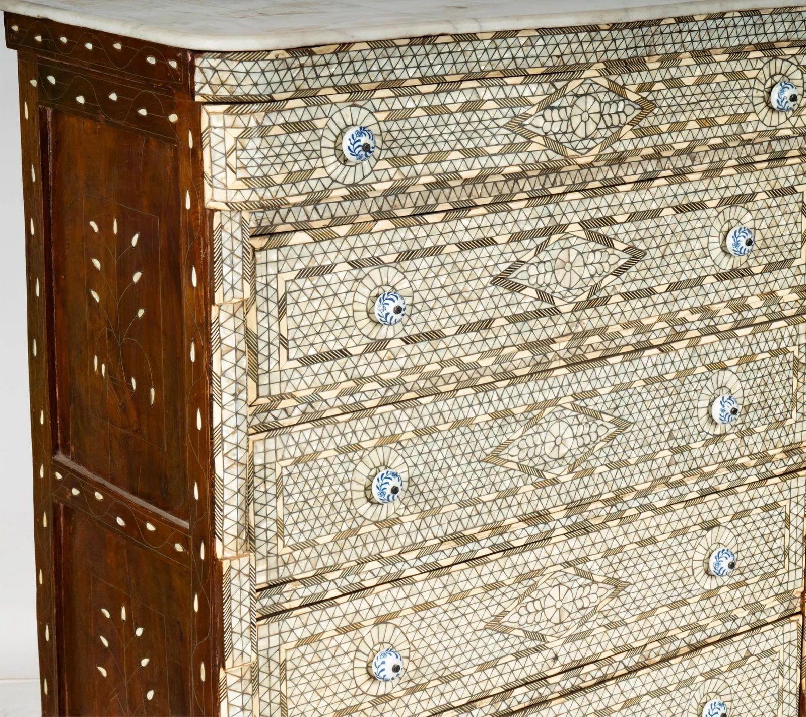 Antique Syrian Mother-of-Pearl Inlaid Marble-Top Chest of Drawers For Sale 4