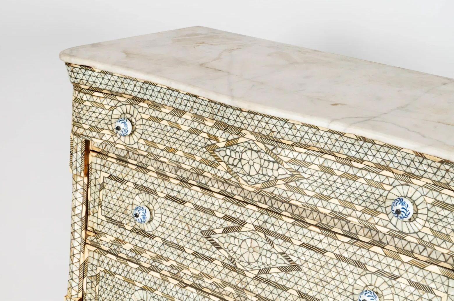 Antique Syrian Mother-of-Pearl Inlaid Marble-Top Chest of Drawers For Sale 8