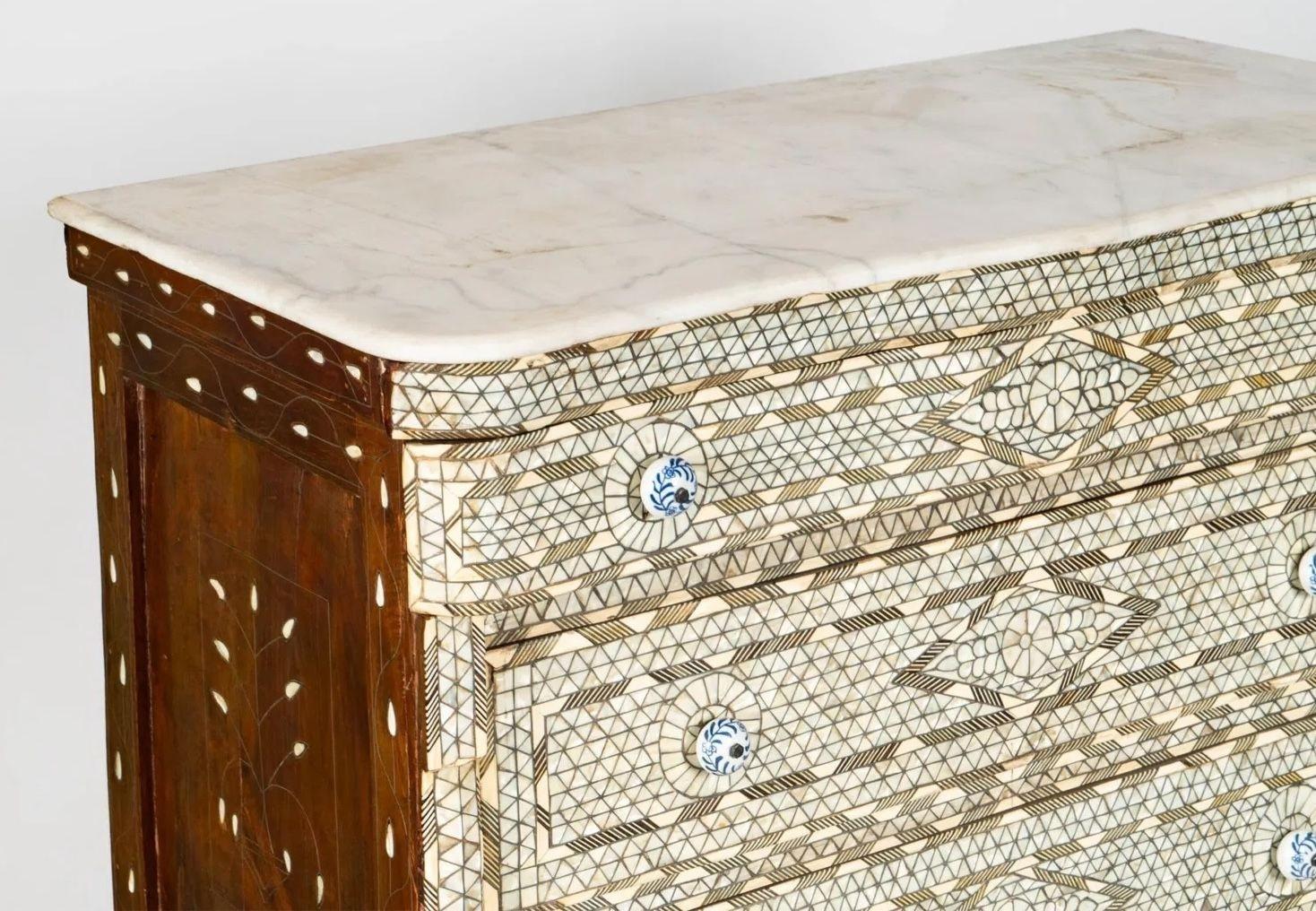 Lebanese Antique Syrian Mother-of-Pearl Inlaid Marble-Top Chest of Drawers For Sale