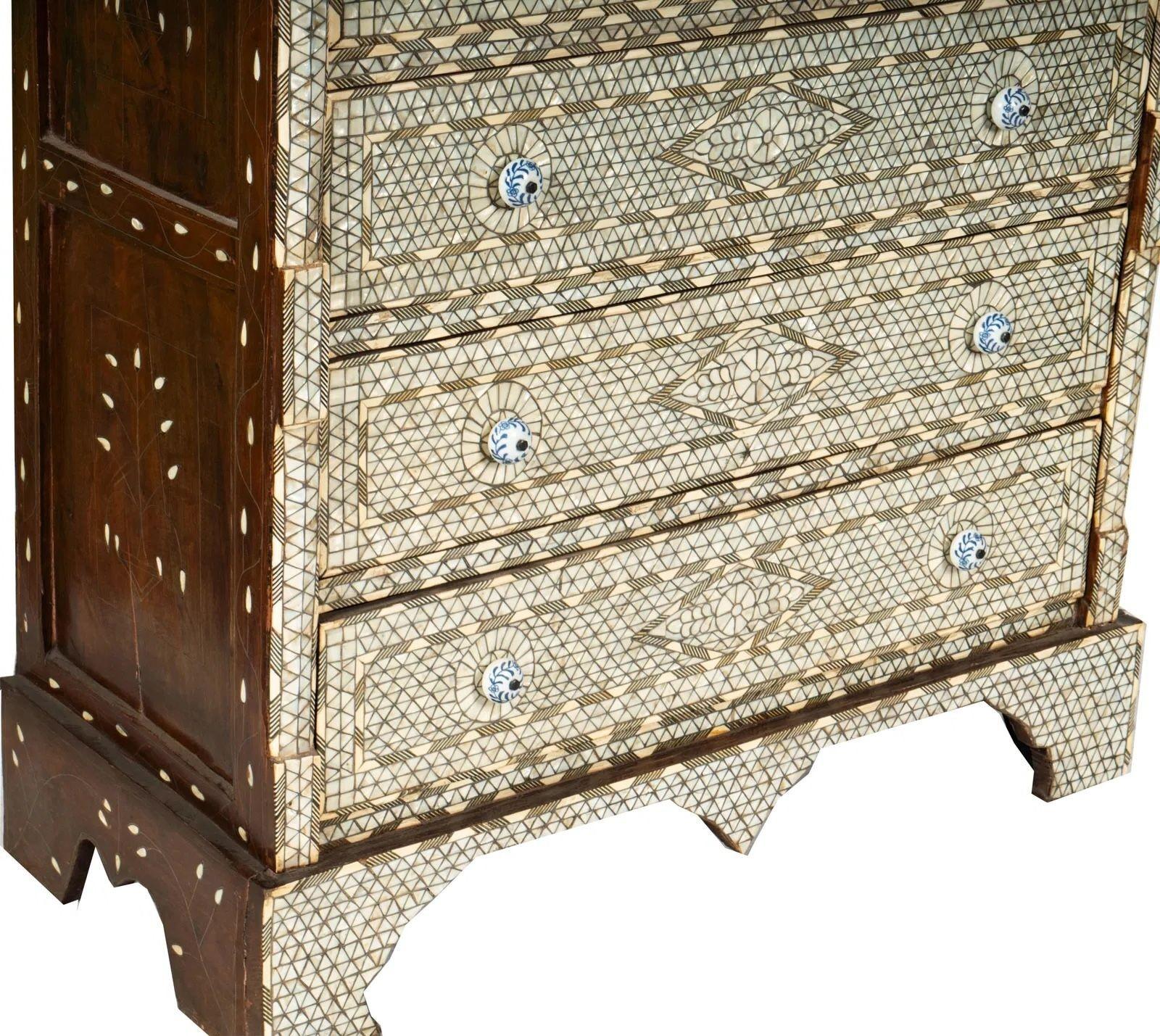 Hand-Carved Antique Syrian Mother-of-Pearl Inlaid Marble-Top Chest of Drawers For Sale