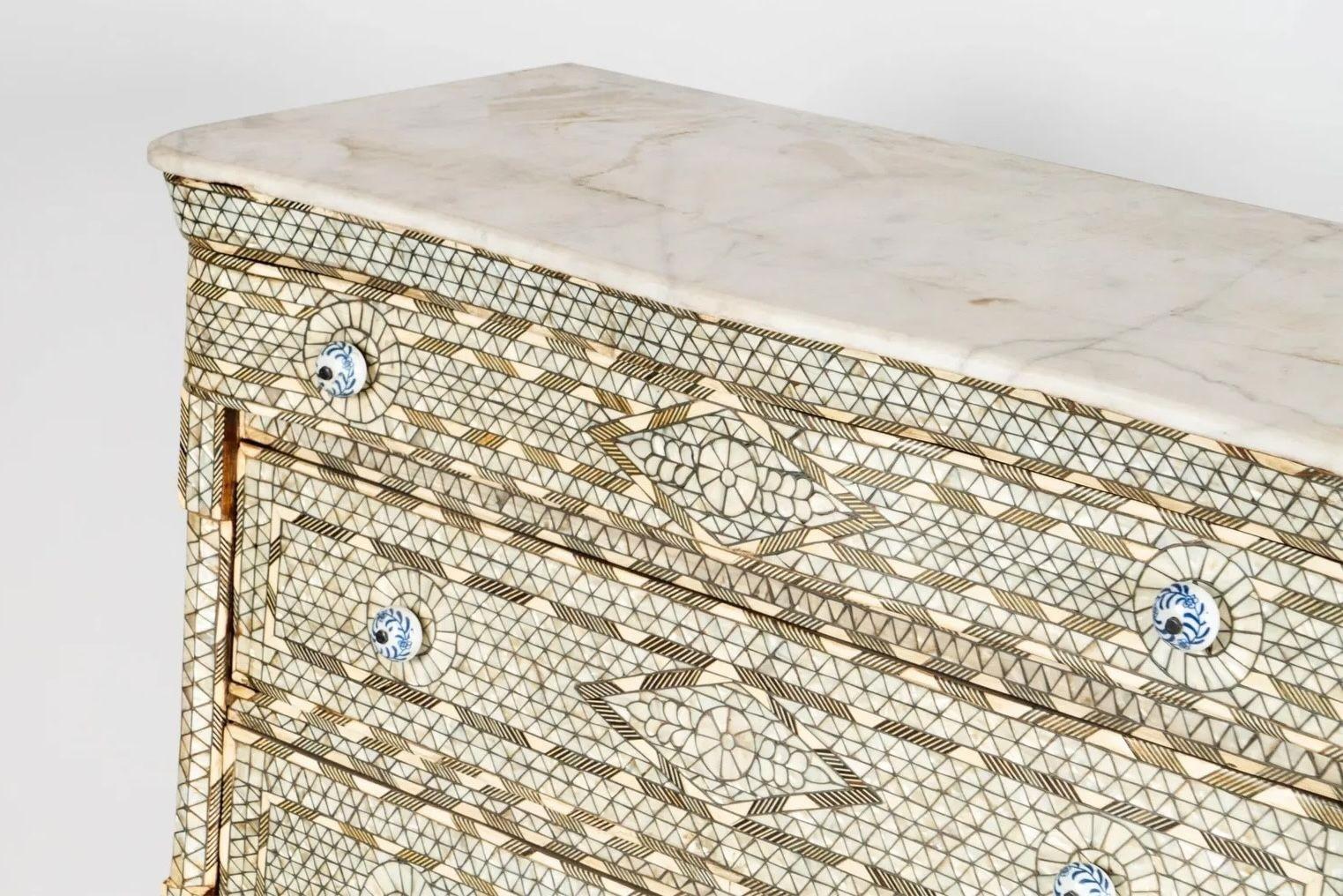 19th Century Antique Syrian Mother-of-Pearl Inlaid Marble-Top Chest of Drawers For Sale