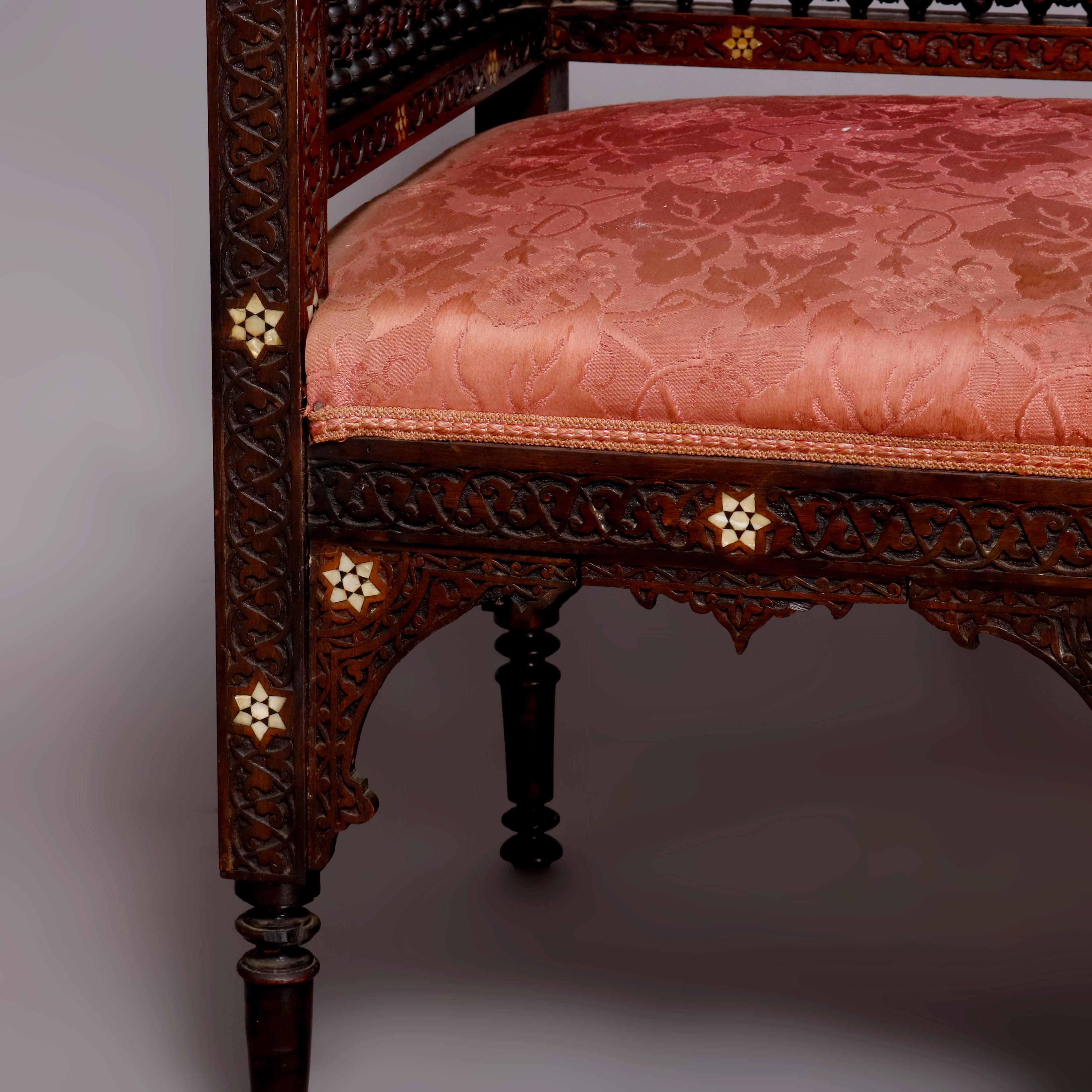 Syrian Orientalist Mother of Pearl Inlaid & Carved Hardwood Settee 19th Century 6