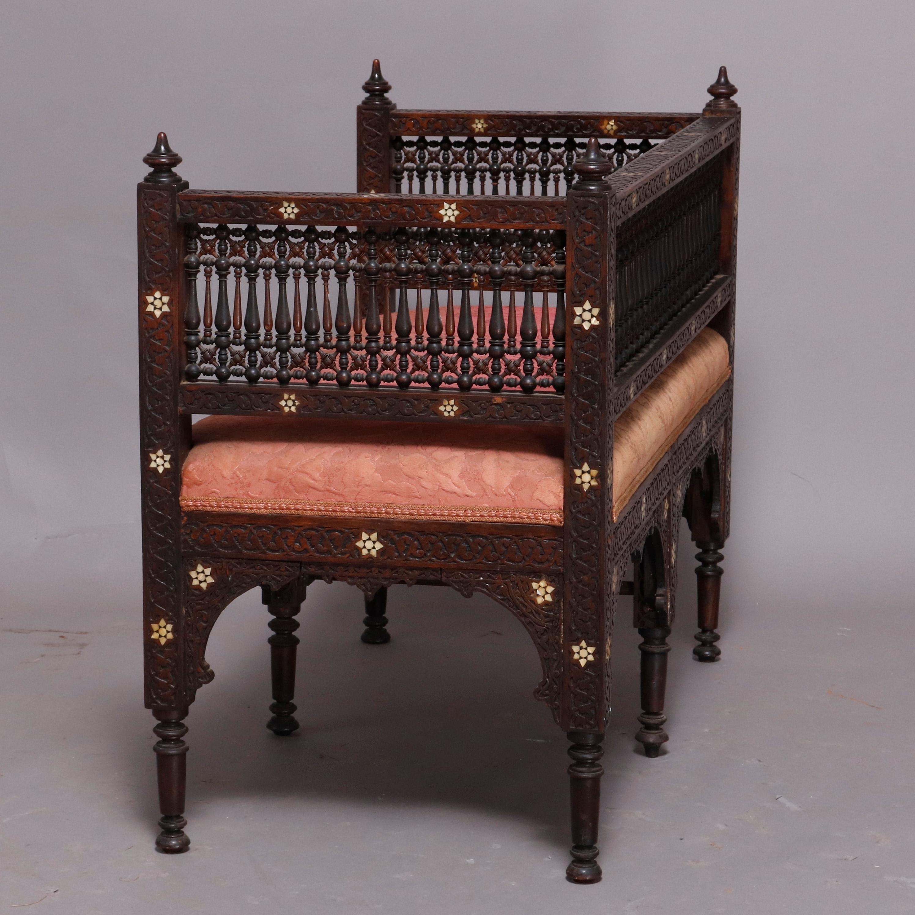 Syrian Orientalist Mother of Pearl Inlaid & Carved Hardwood Settee 19th Century 9