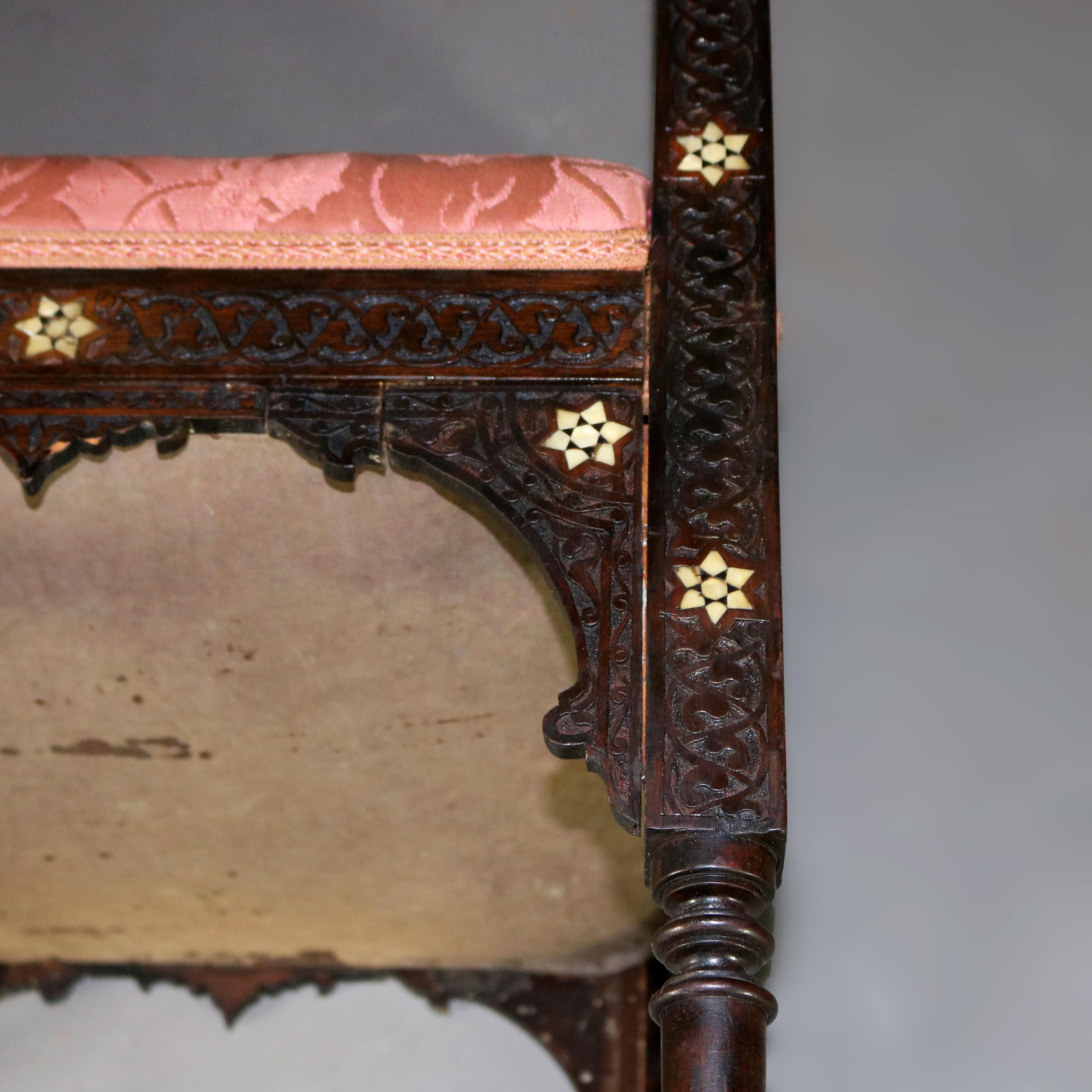 Syrian Orientalist Mother of Pearl Inlaid & Carved Hardwood Settee 19th Century 10