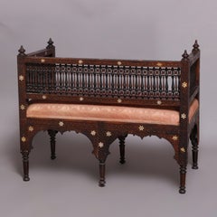Syrian Orientalist Mother of Pearl Inlaid & Carved Hardwood Settee 19th Century