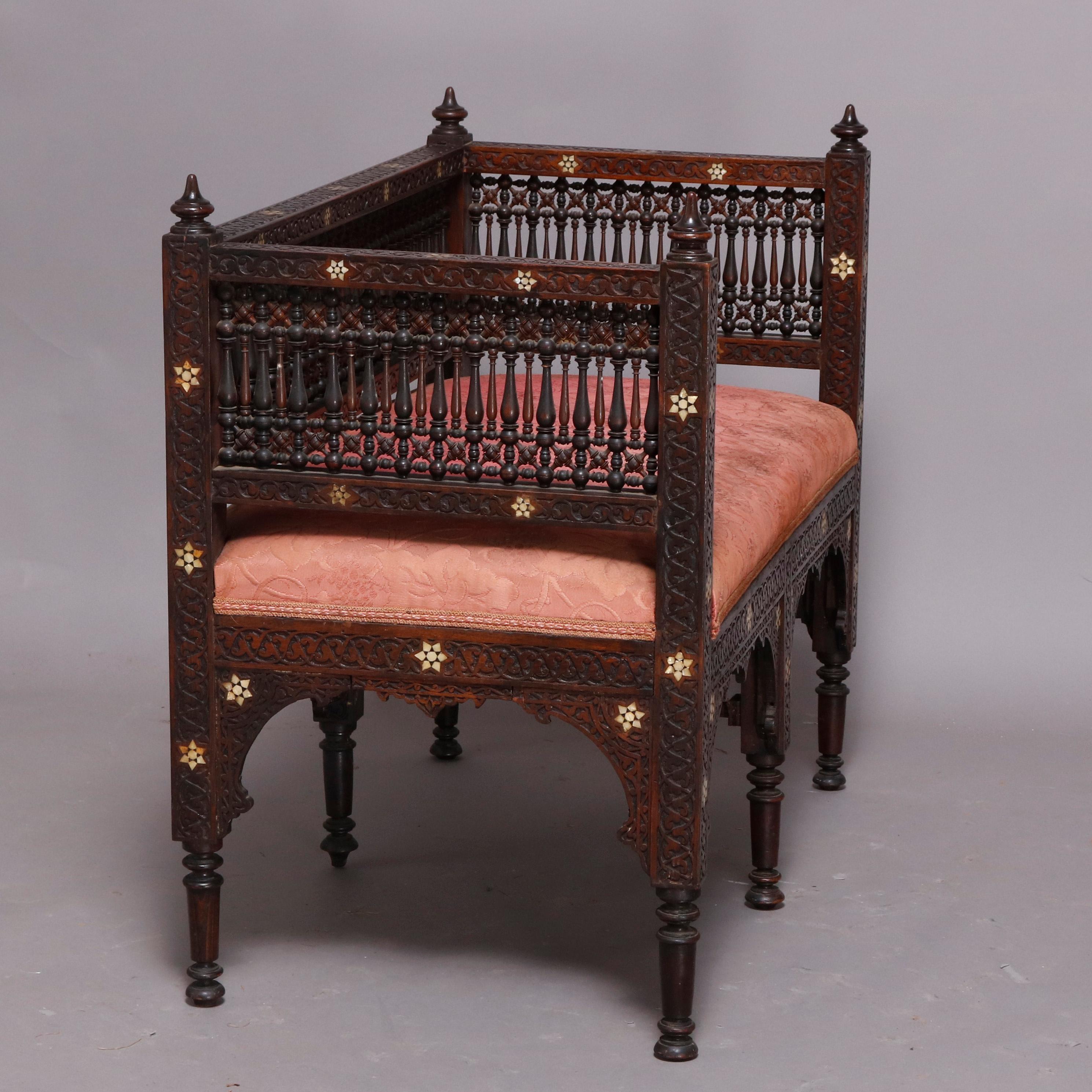 Syrian Orientalist Mother of Pearl Inlaid & Carved Hardwood Settee 19th Century 1