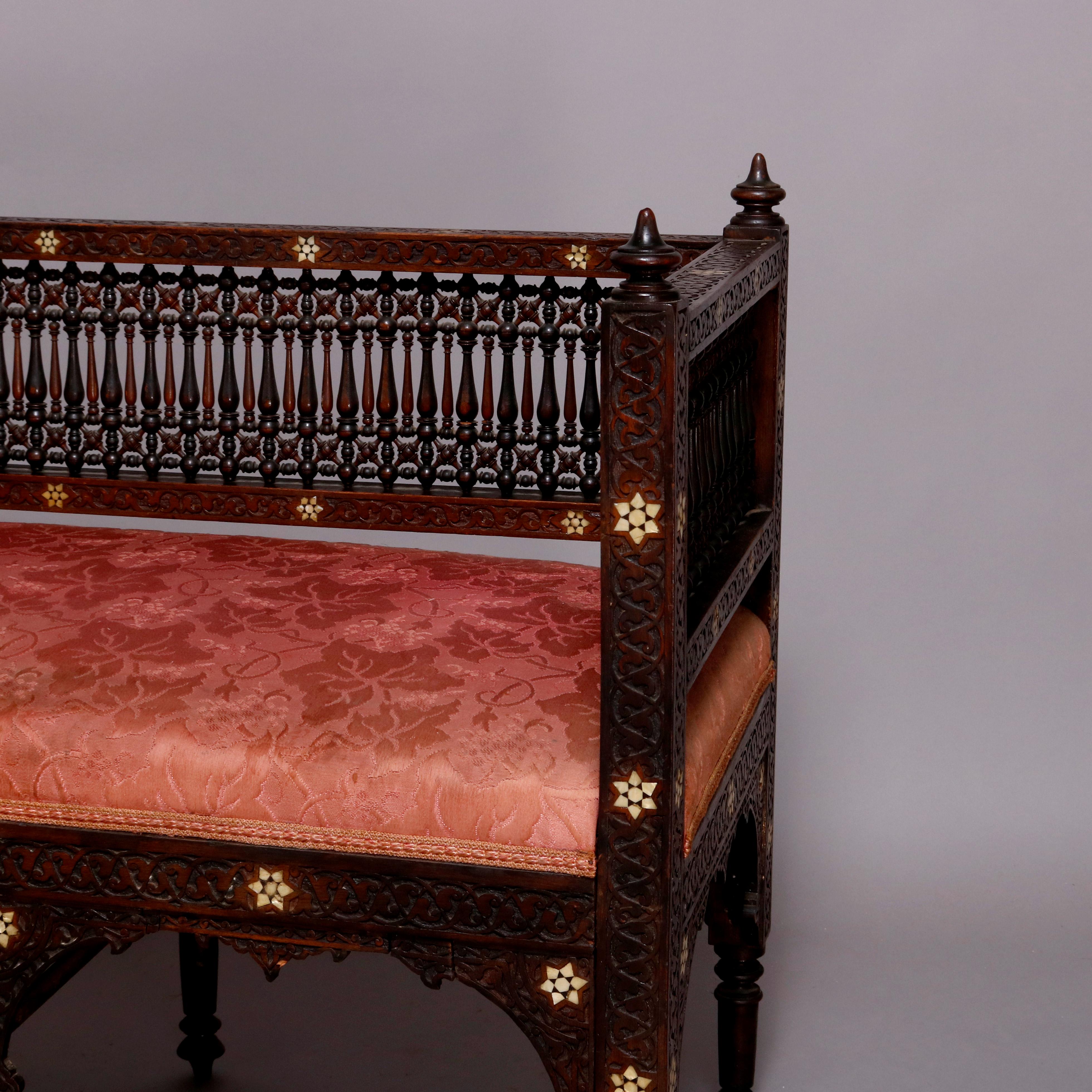 Syrian Orientalist Mother of Pearl Inlaid & Carved Hardwood Settee 19th Century 4