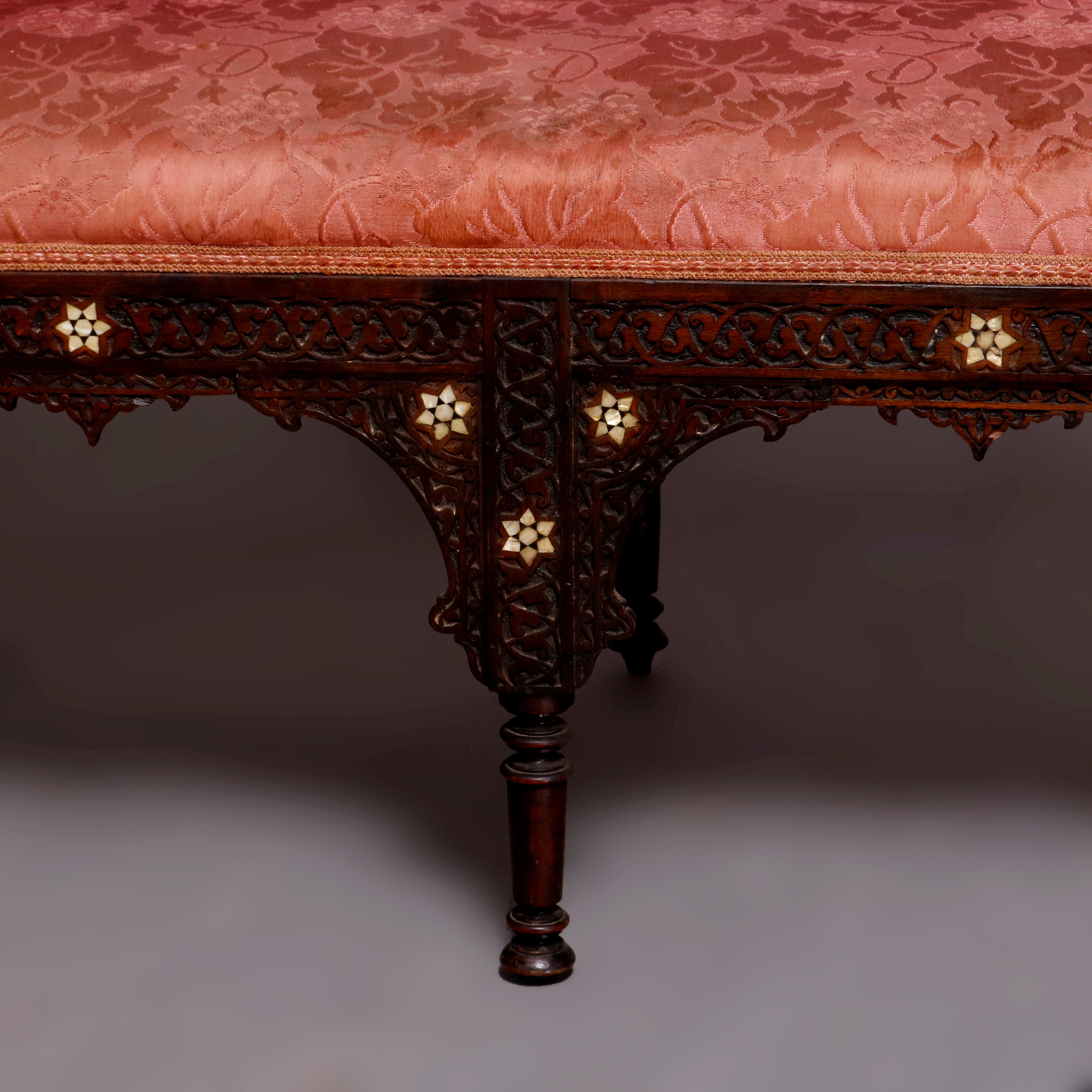 Syrian Orientalist Mother of Pearl Inlaid & Carved Hardwood Settee 19th Century 5