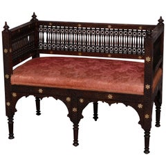 Syrian Orientalist Mother of Pearl Inlaid & Carved Hardwood Settee 19th Century