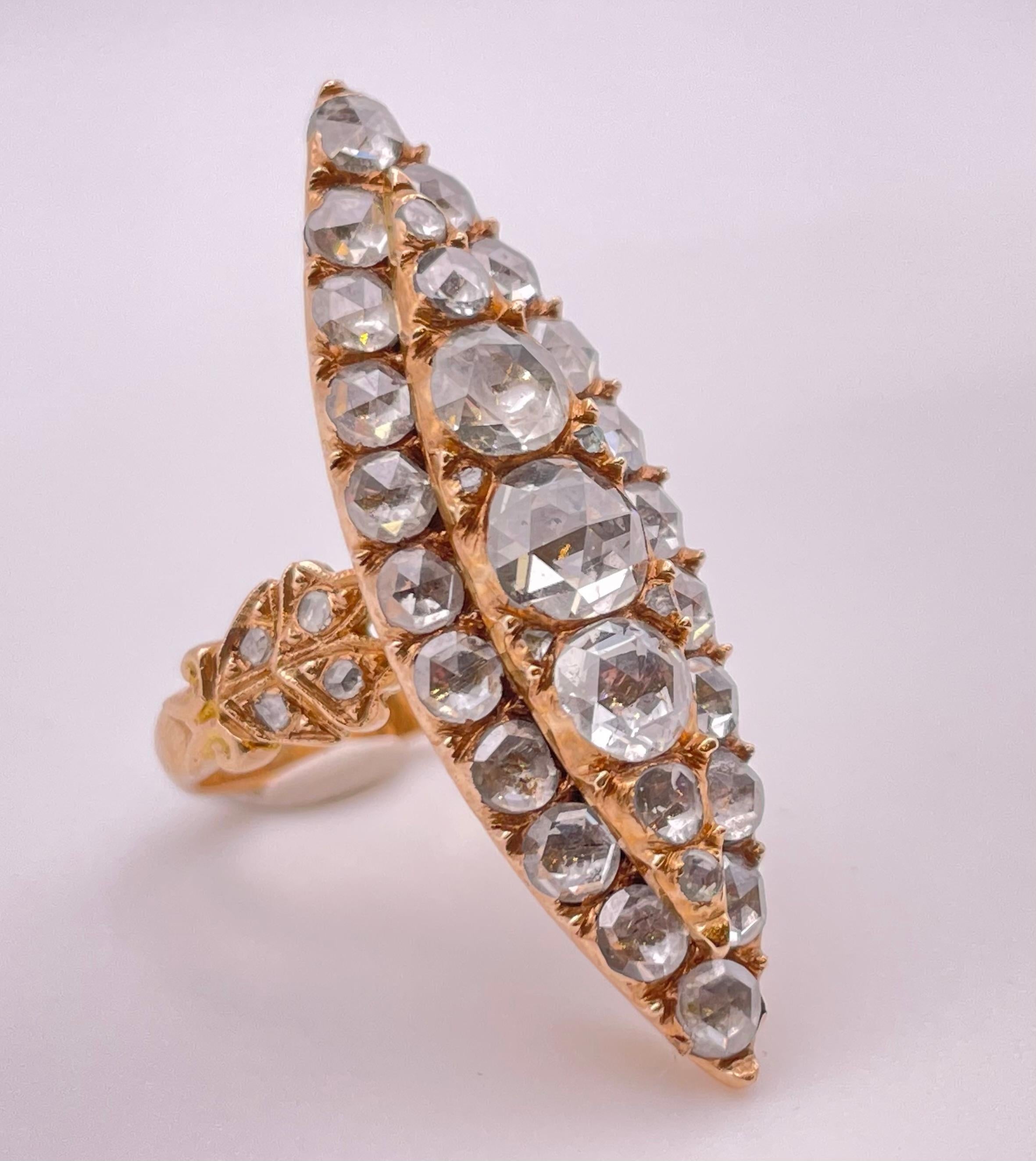 Early 20th century Syrian rose cut diamond ring in navette style with an estimate diamond weight approximately 4.5 carats , approximately I , clarity VS/SI .
This unique ring made early 20th century in Aleppo .