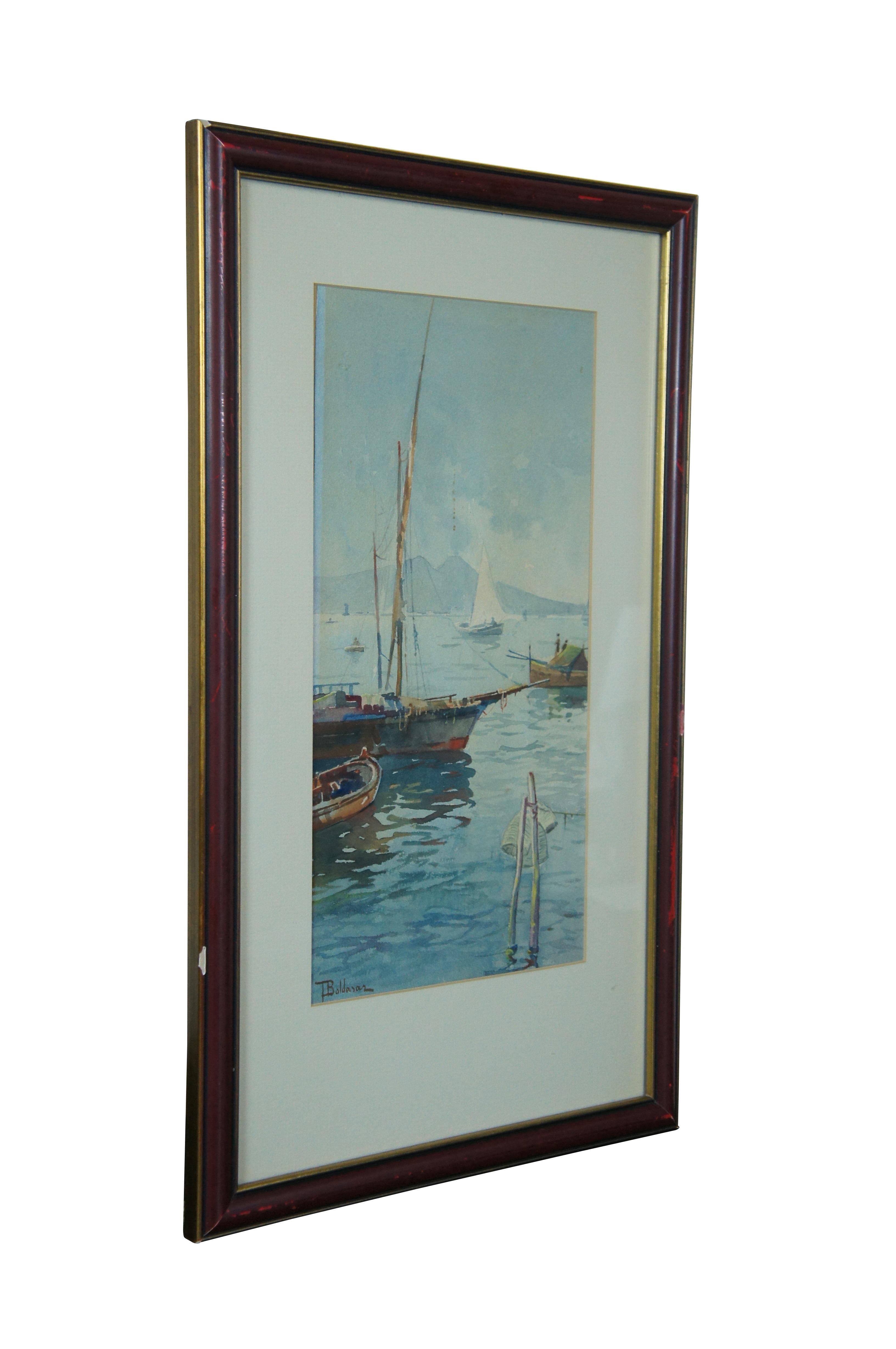 Antique T. Baldasar Nautical Maritime Sail Boat Harbor Watercolor Painting 22
