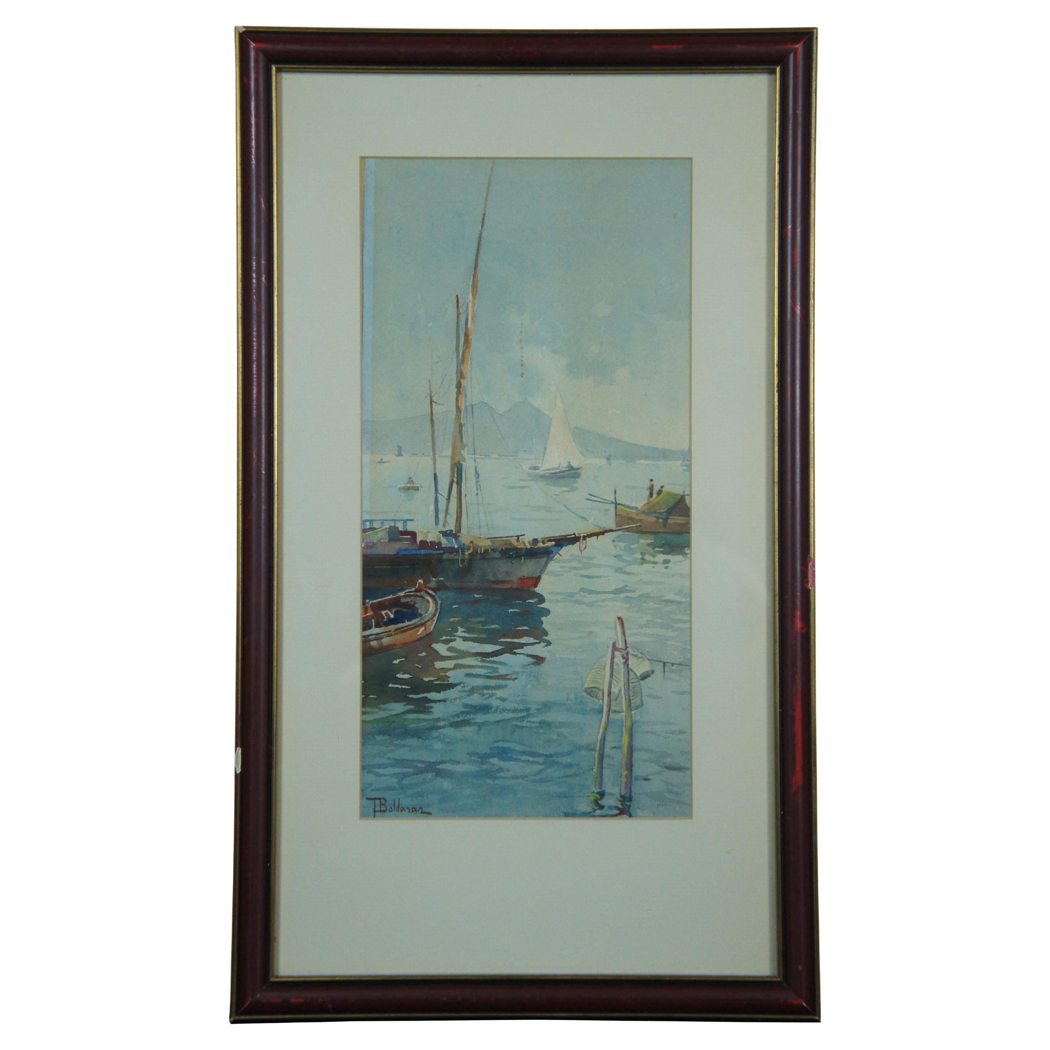 Antique T. Baldasar Nautical Maritime Sail Boat Harbor Watercolor Painting 22" For Sale