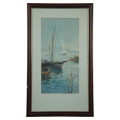 Antique T. Baldasar Nautical Maritime Sail Boat Harbor Watercolor Painting 22"
